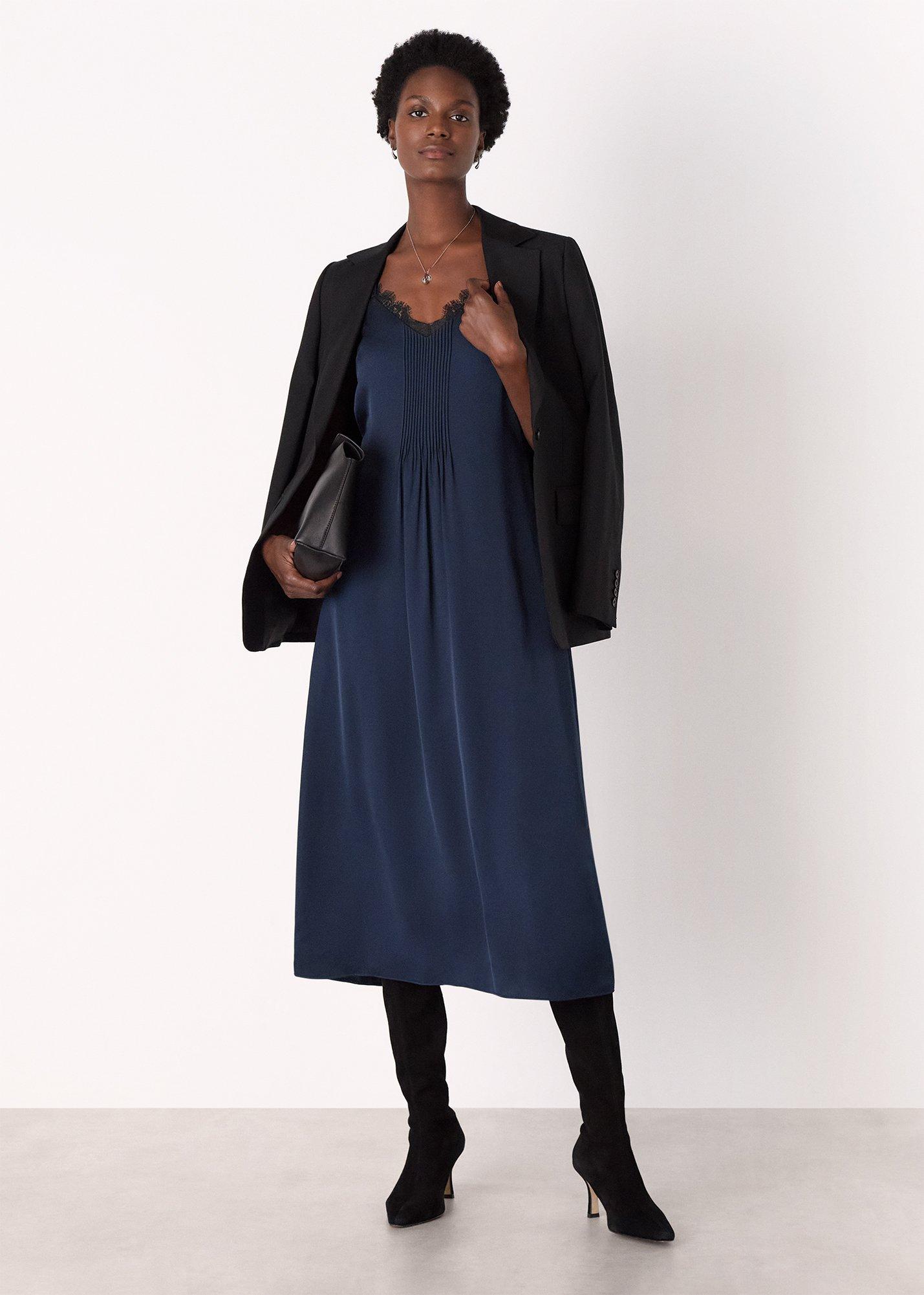 Navy Crepe Lace Trim Cami Dress