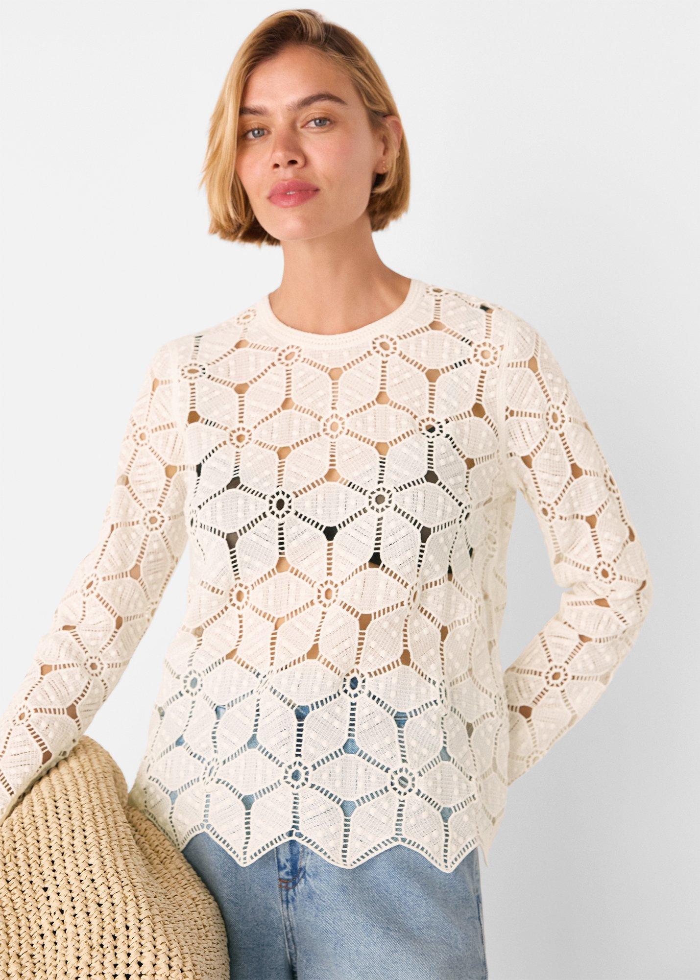 White Crochet Long Sleeve Knit