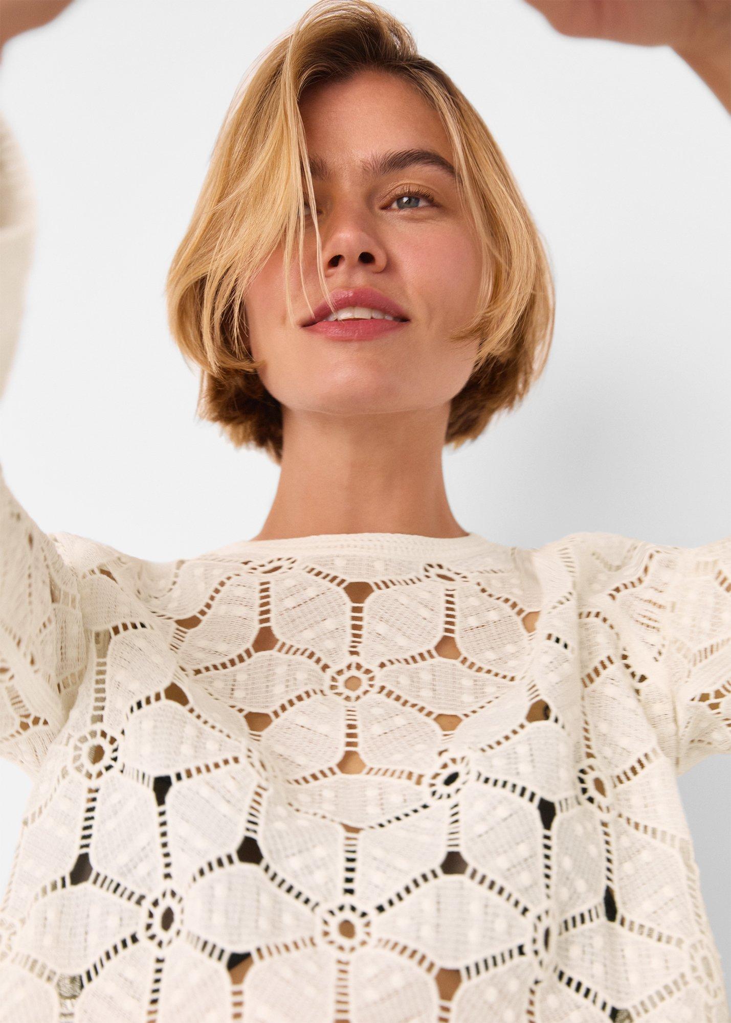 White Crochet Long Sleeve Knit