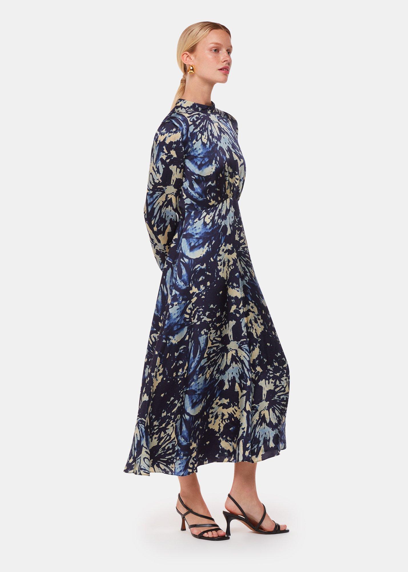 Navy Dazzled Floral Satin Dress