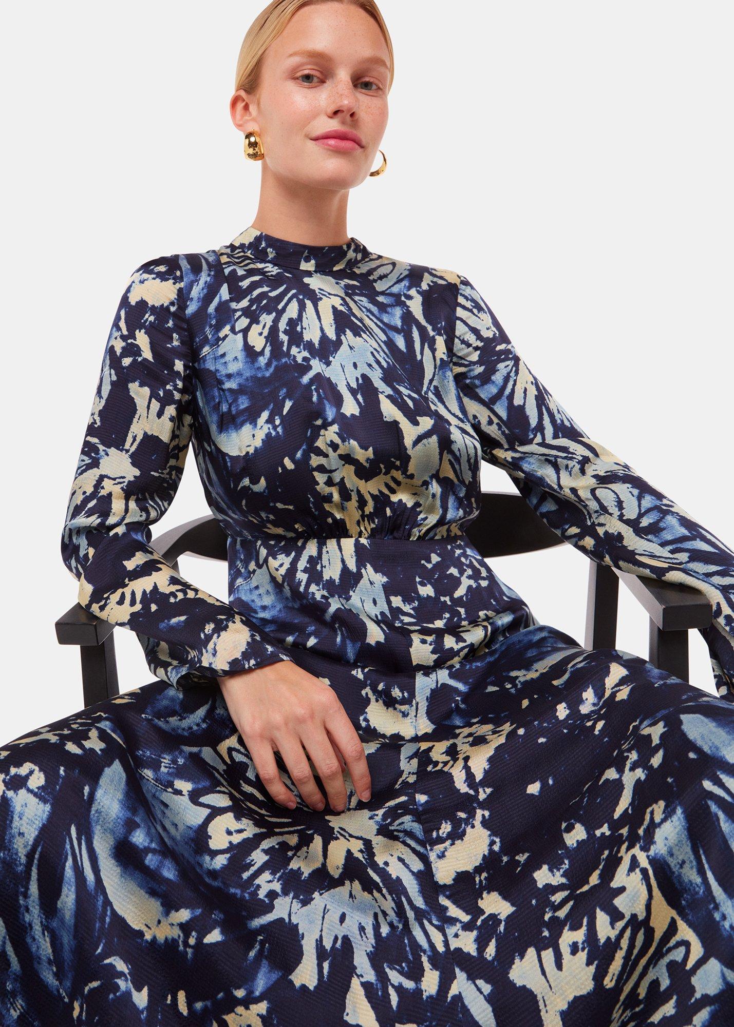 Navy Dazzled Floral Satin Dress