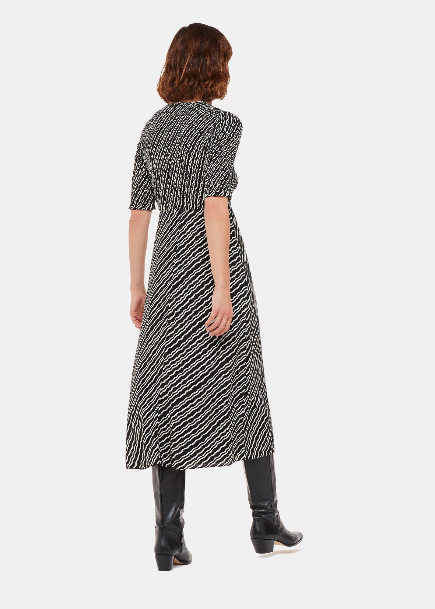 Black Diagonal Ripple Shirred Dress