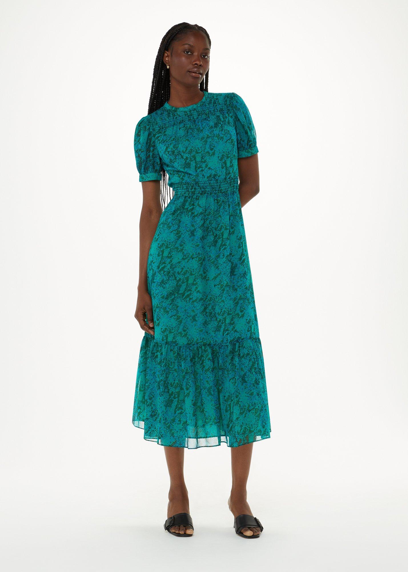 Teal Diagonal Snake Shirred Dress