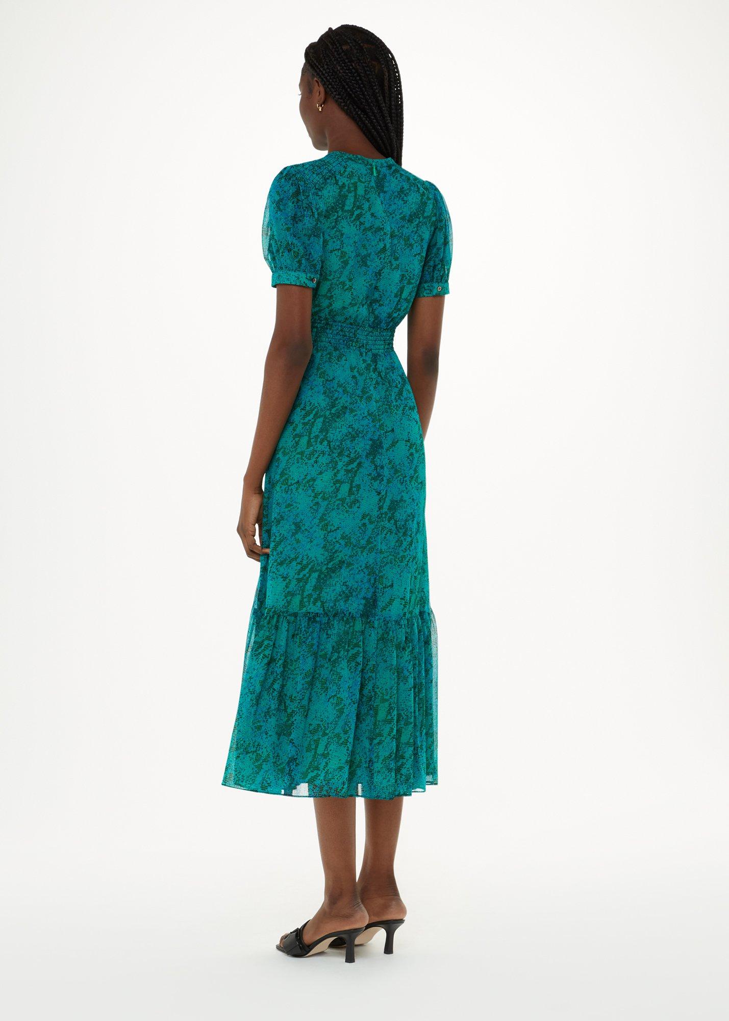 Teal Diagonal Snake Shirred Dress