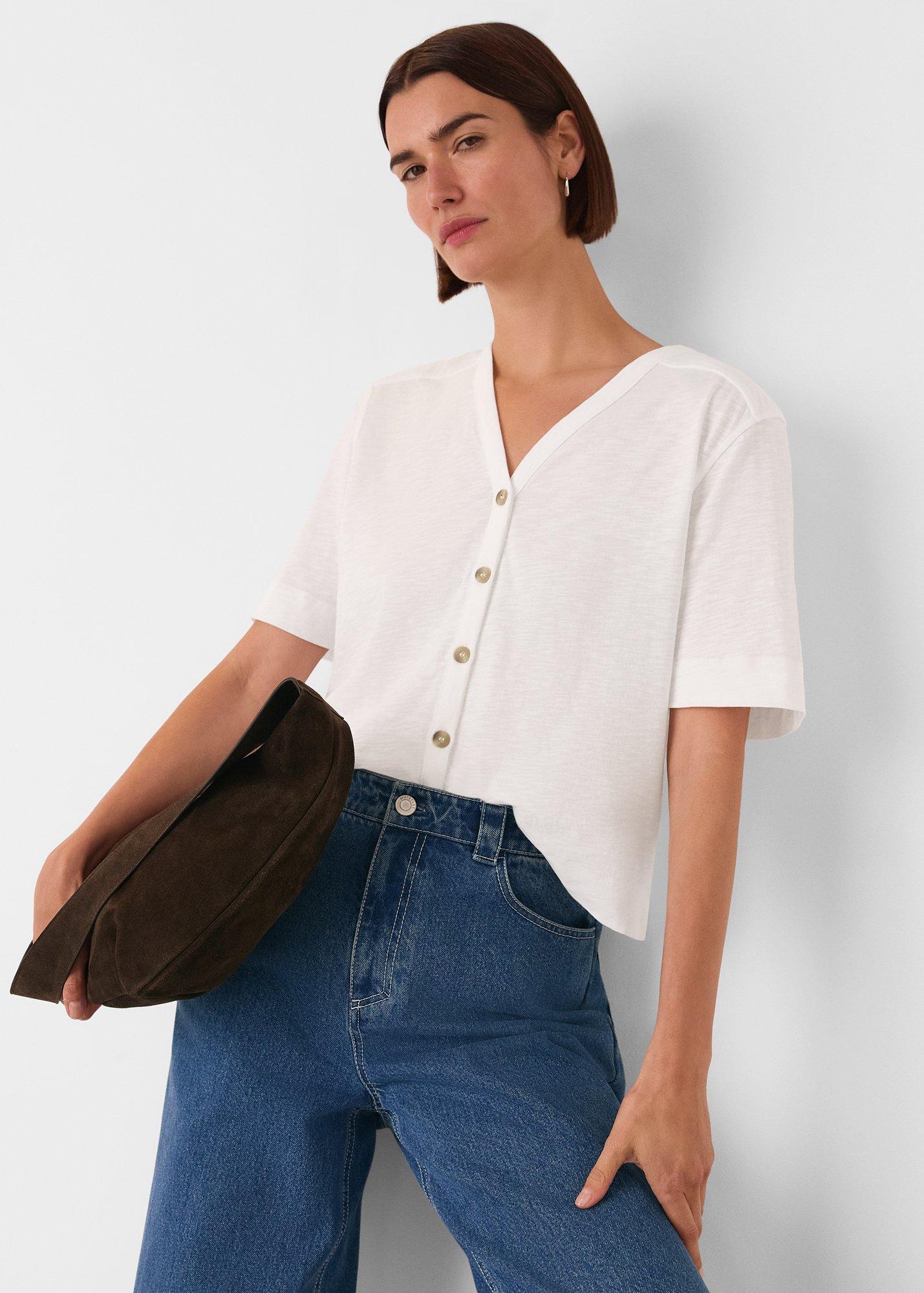 White Ella V Neck Button Through Tee