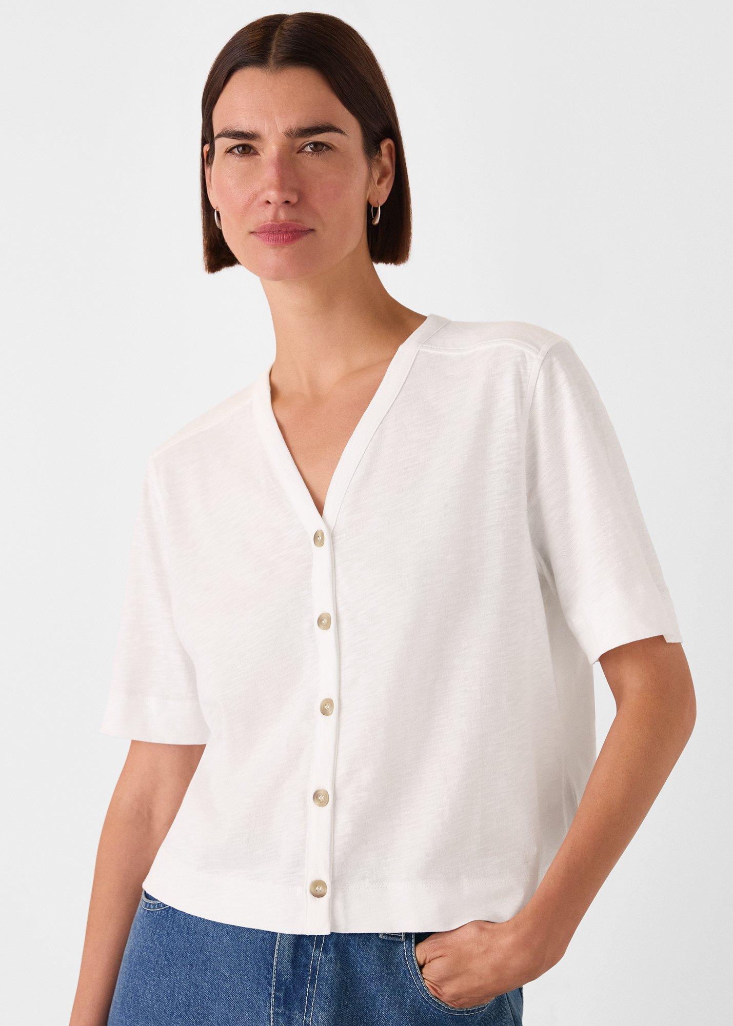 White Ella V Neck Button Through Tee