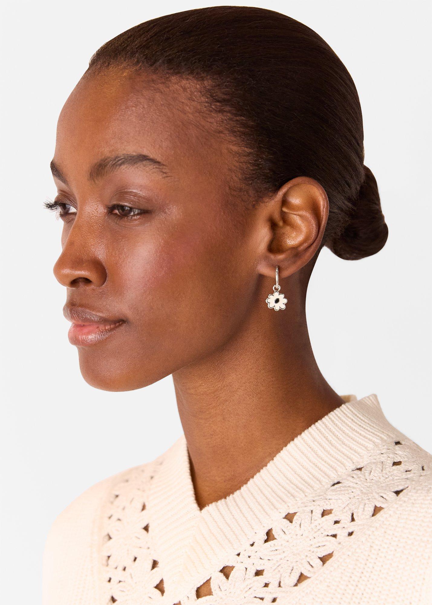 Silver Enamel Flower Huggie Hoop