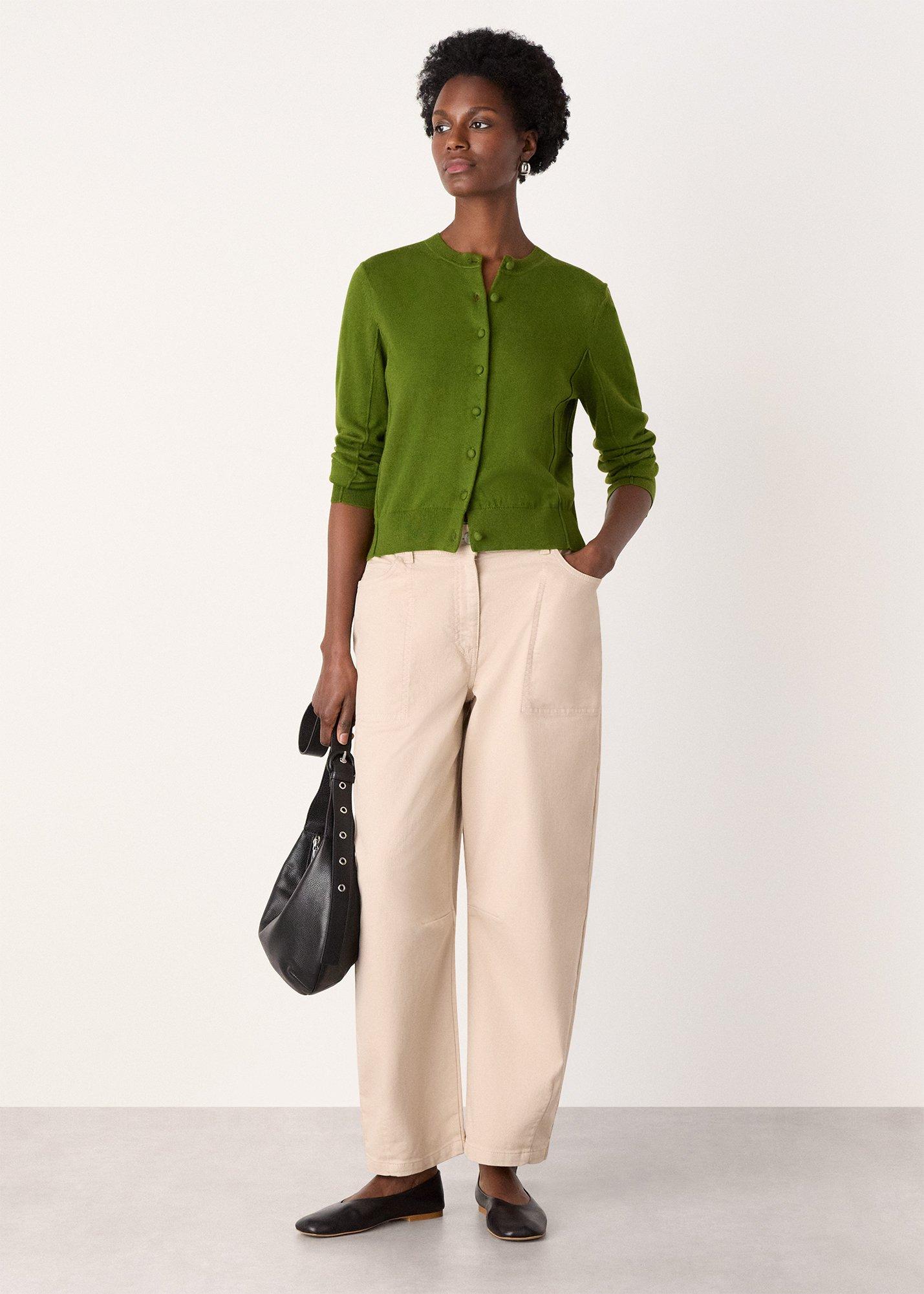 Green Fine Gauge Crew Neck Cardigan