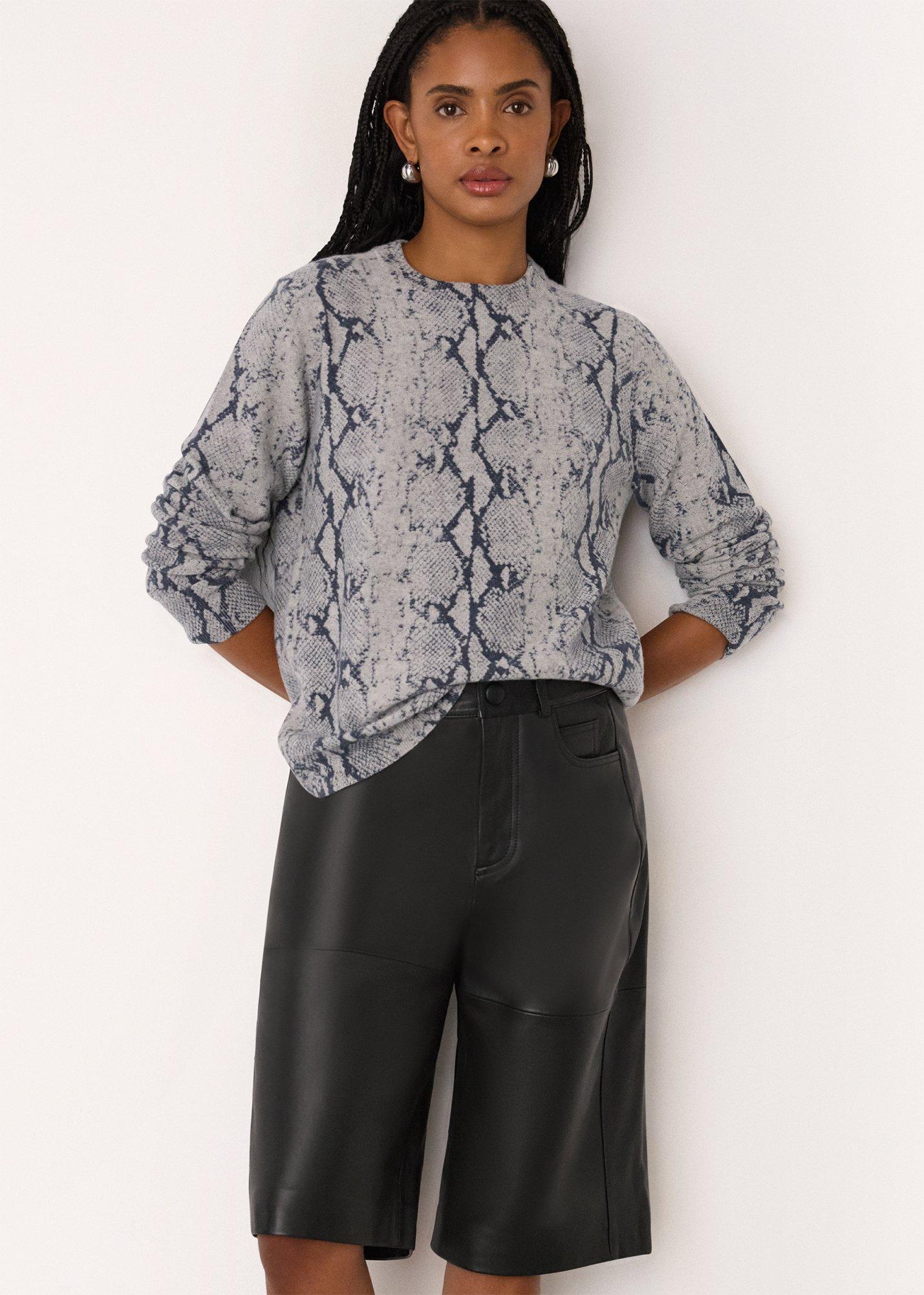 Snake Print Wool Crew Neck Knit