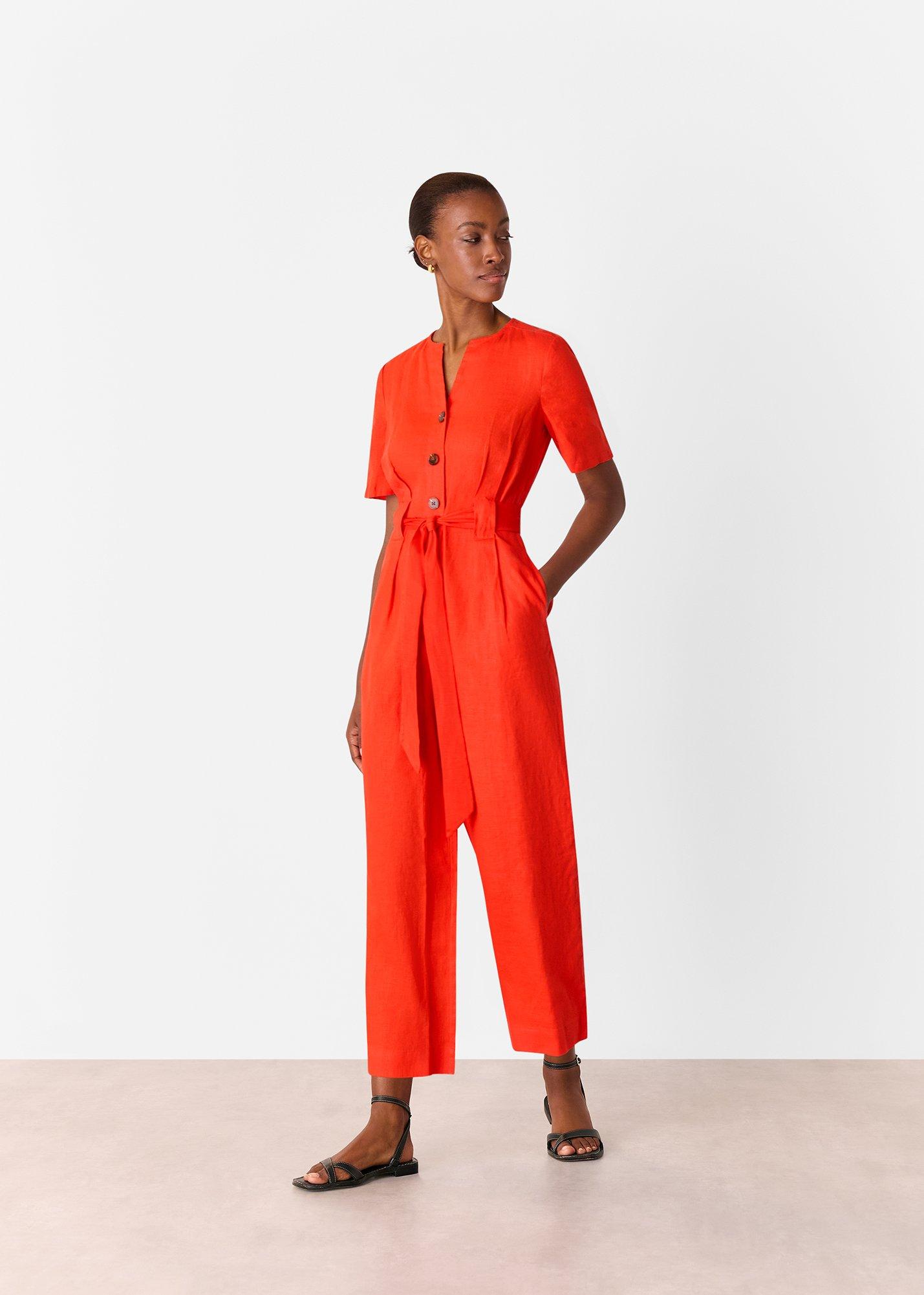 Red Petite Linen Button Jumpsuit