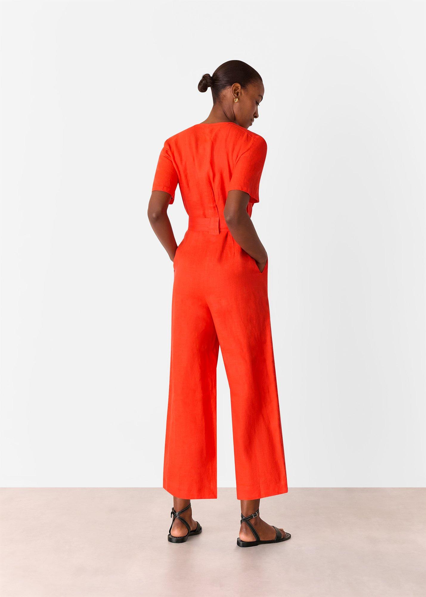 Red Petite Linen Button Jumpsuit