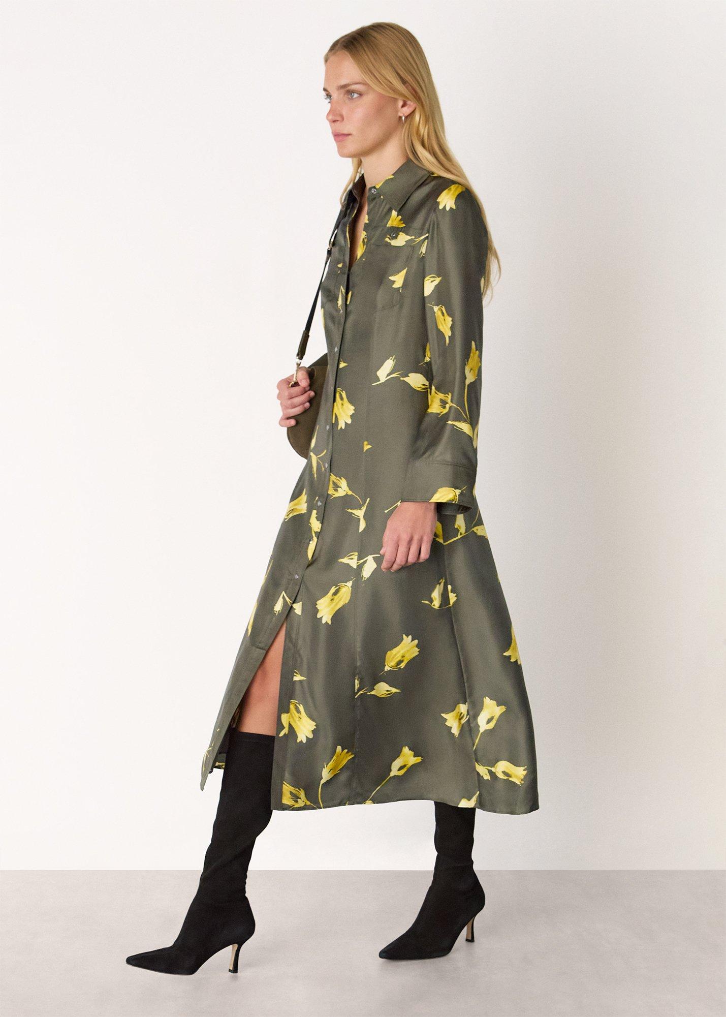 Green Floral Silk Shirt Midi Dress