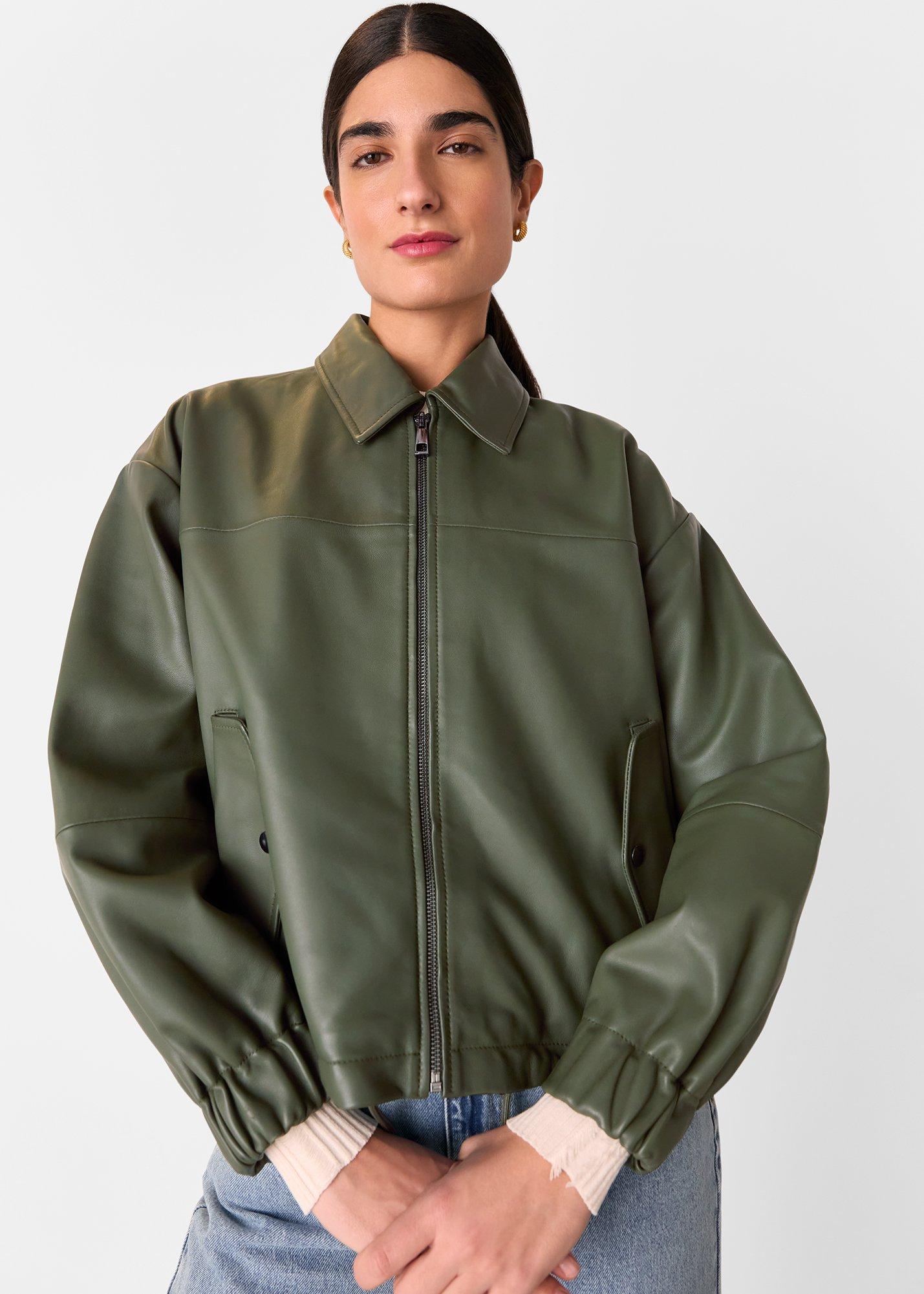 Khaki Frida Leather Bomber Jacket