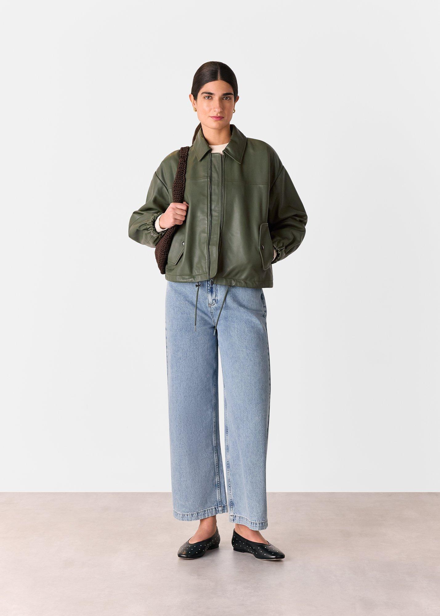 Khaki Frida Leather Bomber Jacket