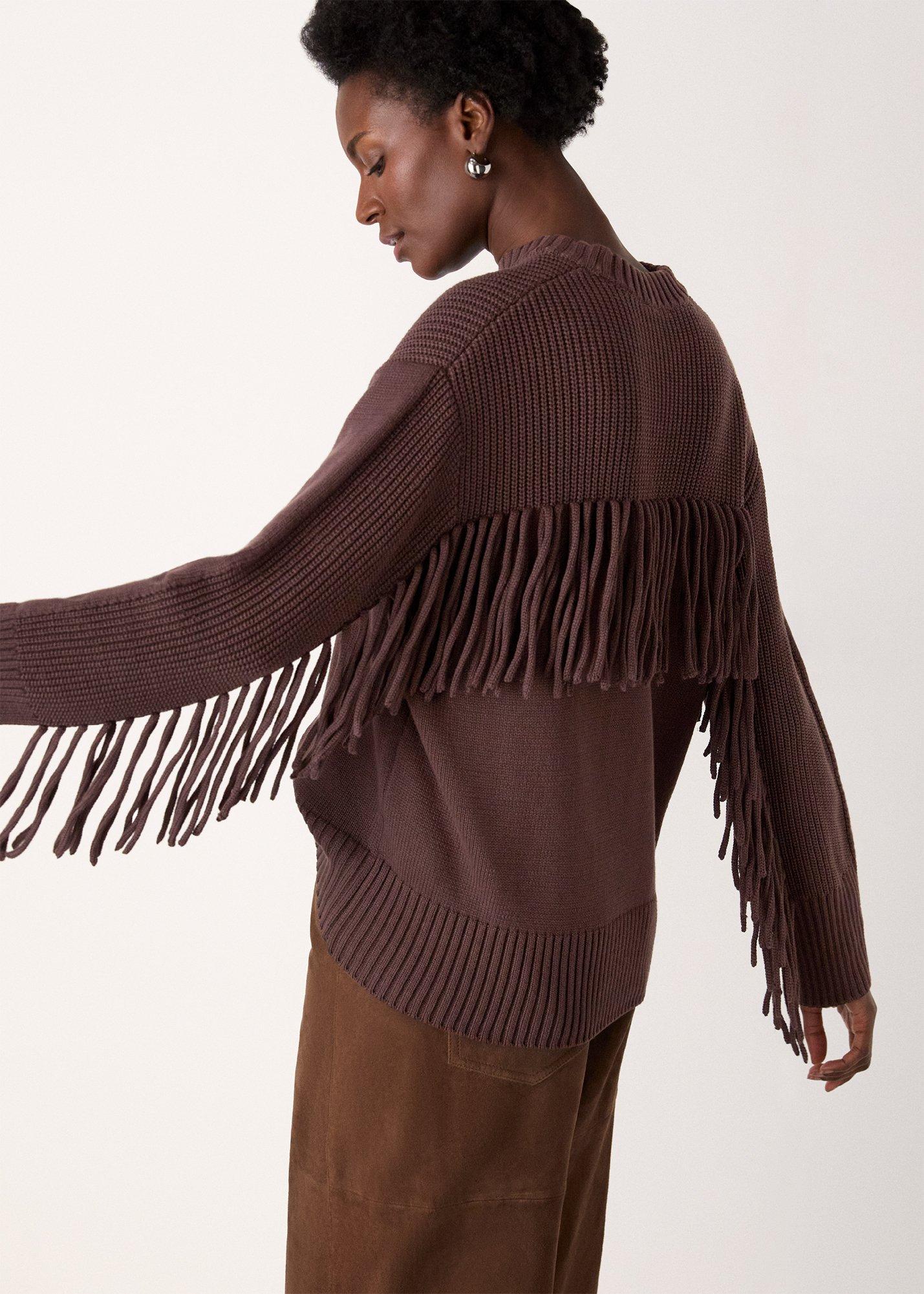 Brown Fringe Rib Detail Cotton Knit