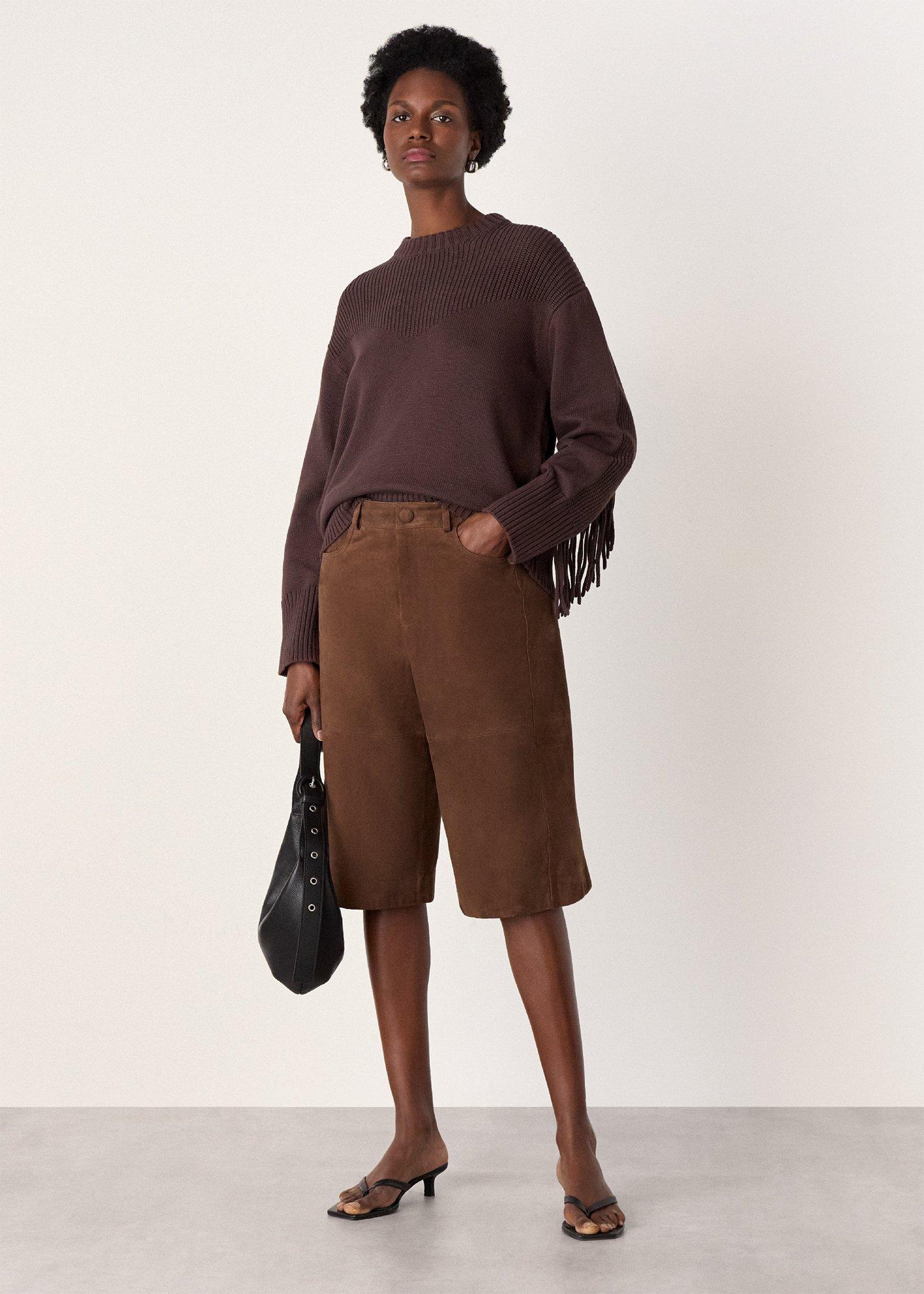 Brown Fringe Rib Detail Cotton Knit