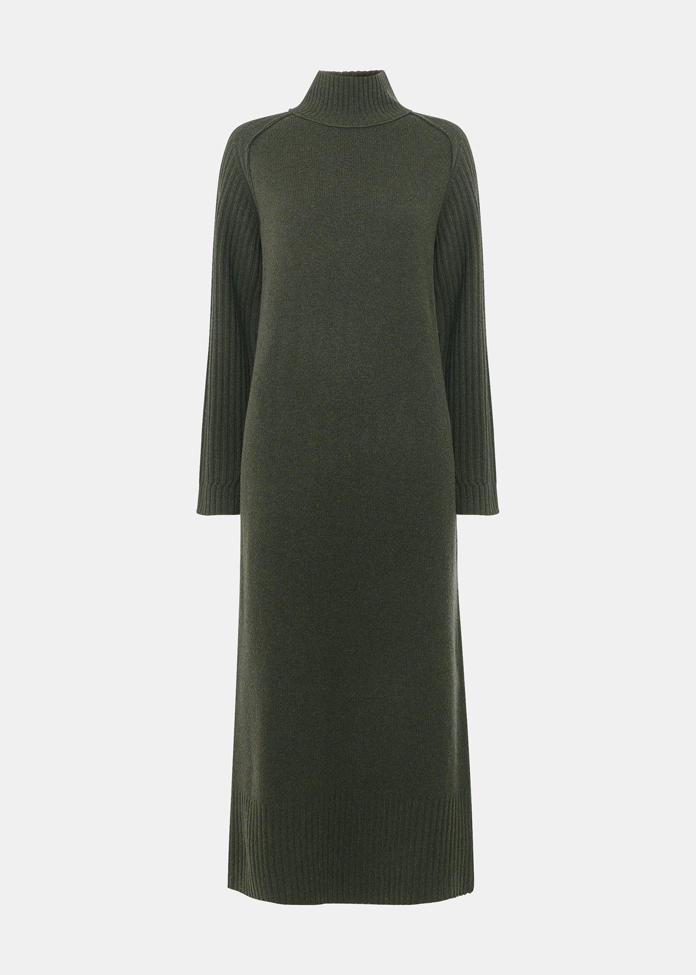 Funnel Neck Wool Midi Dress