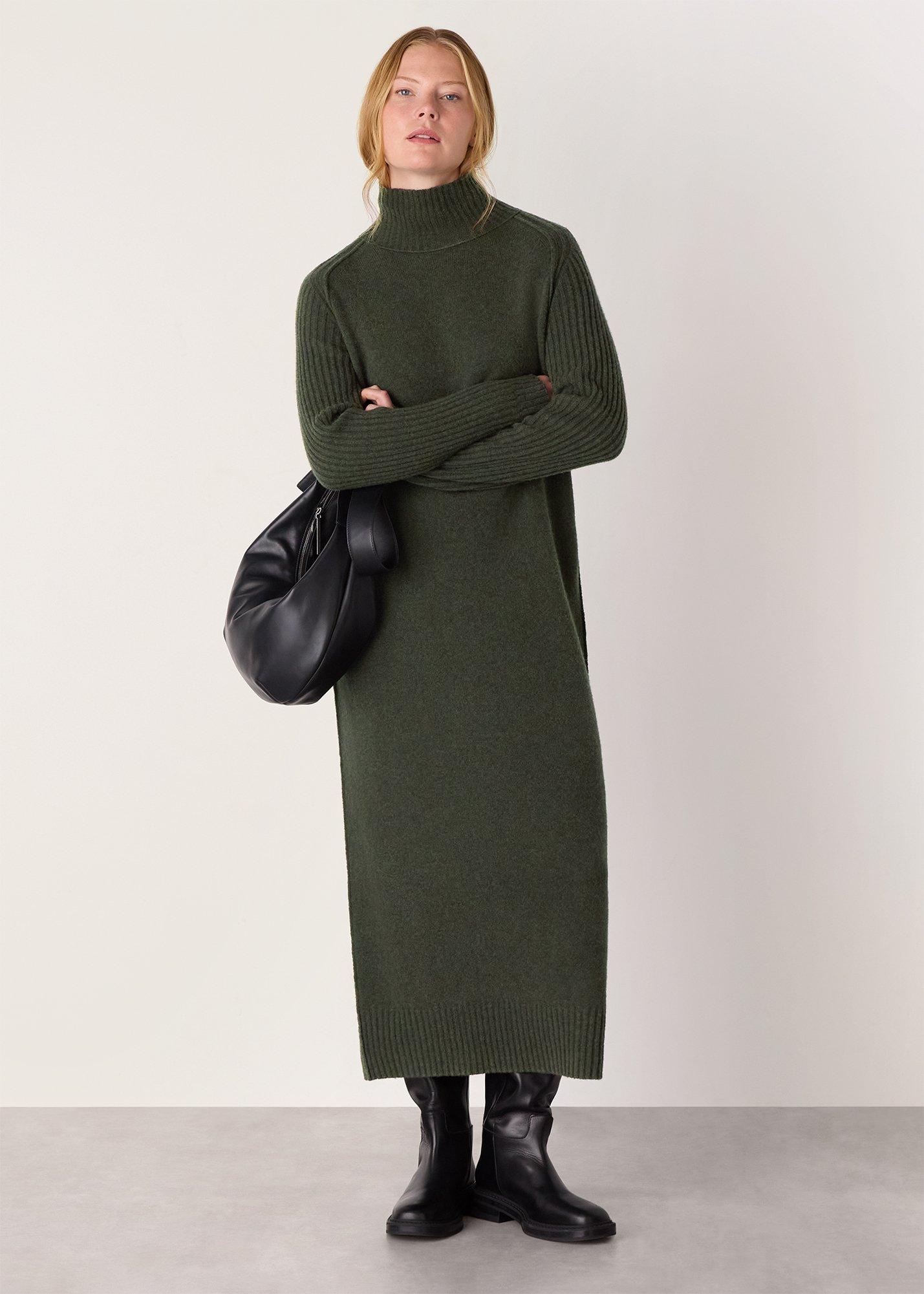 Funnel Neck Wool Midi Dress