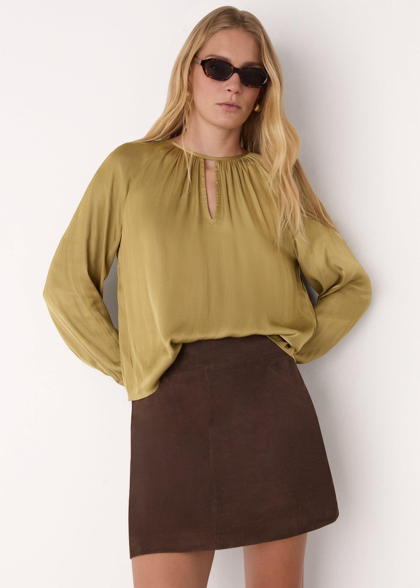 Khaki Gathered Satin Blouse