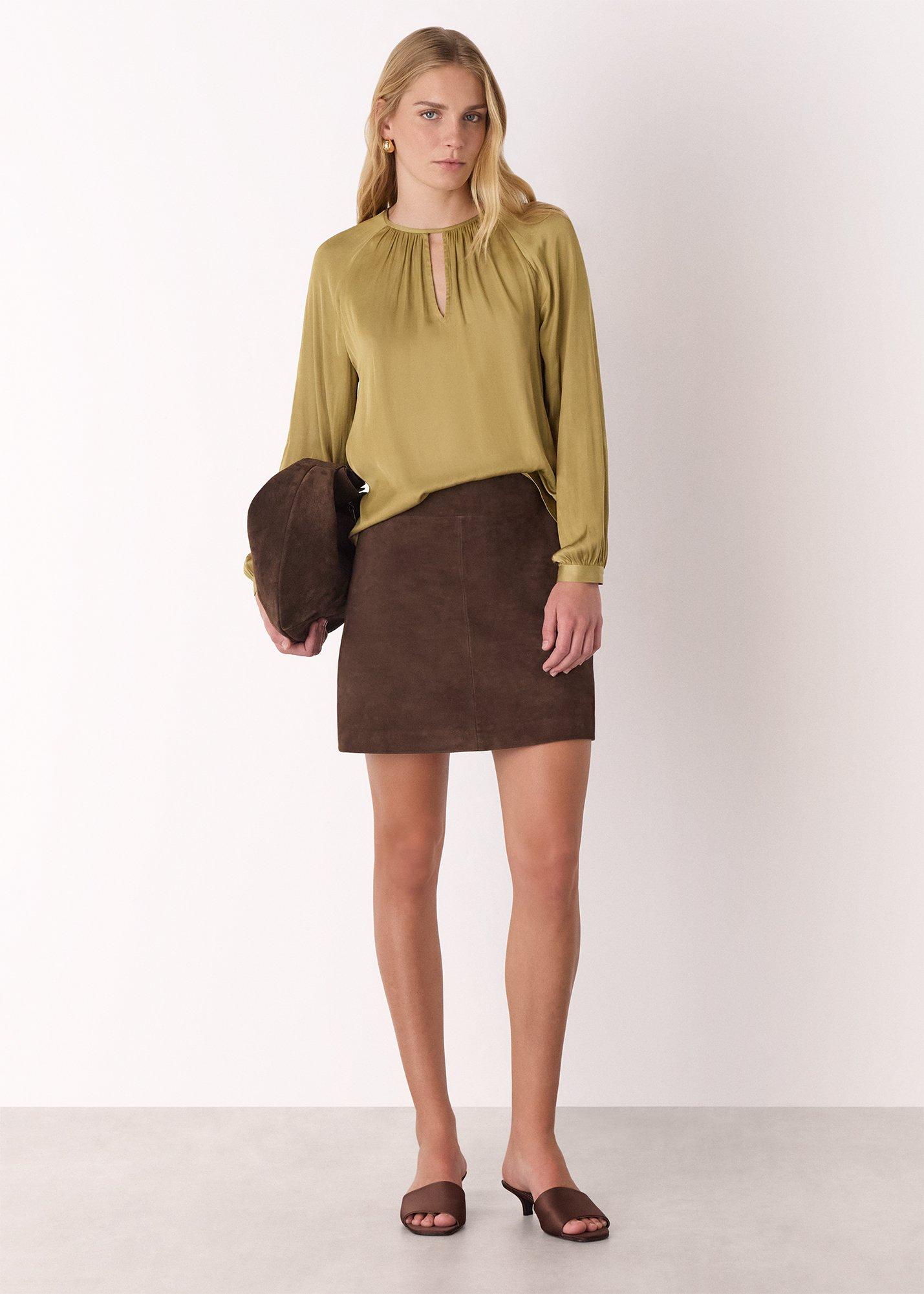 Khaki Gathered Satin Blouse