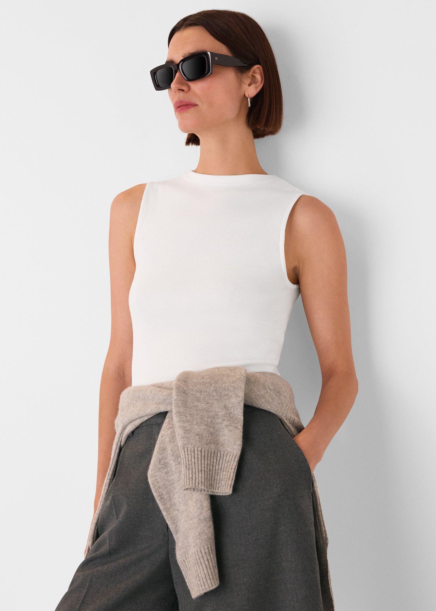 White High Neck Rib Detail Tee