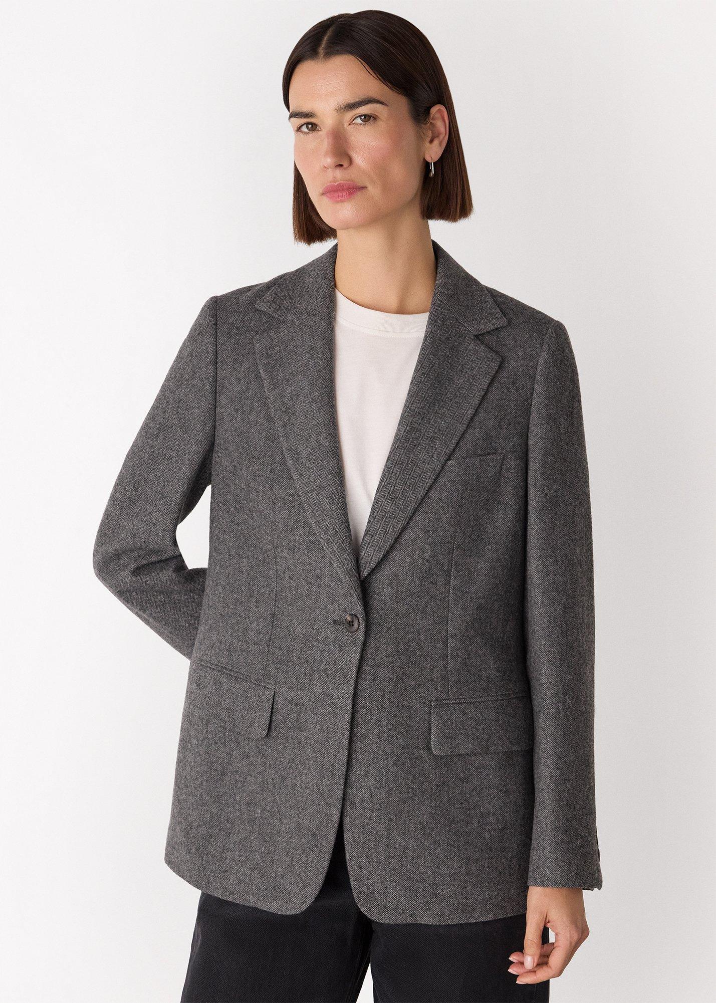Grey Herringbone Wool Blend Blazer