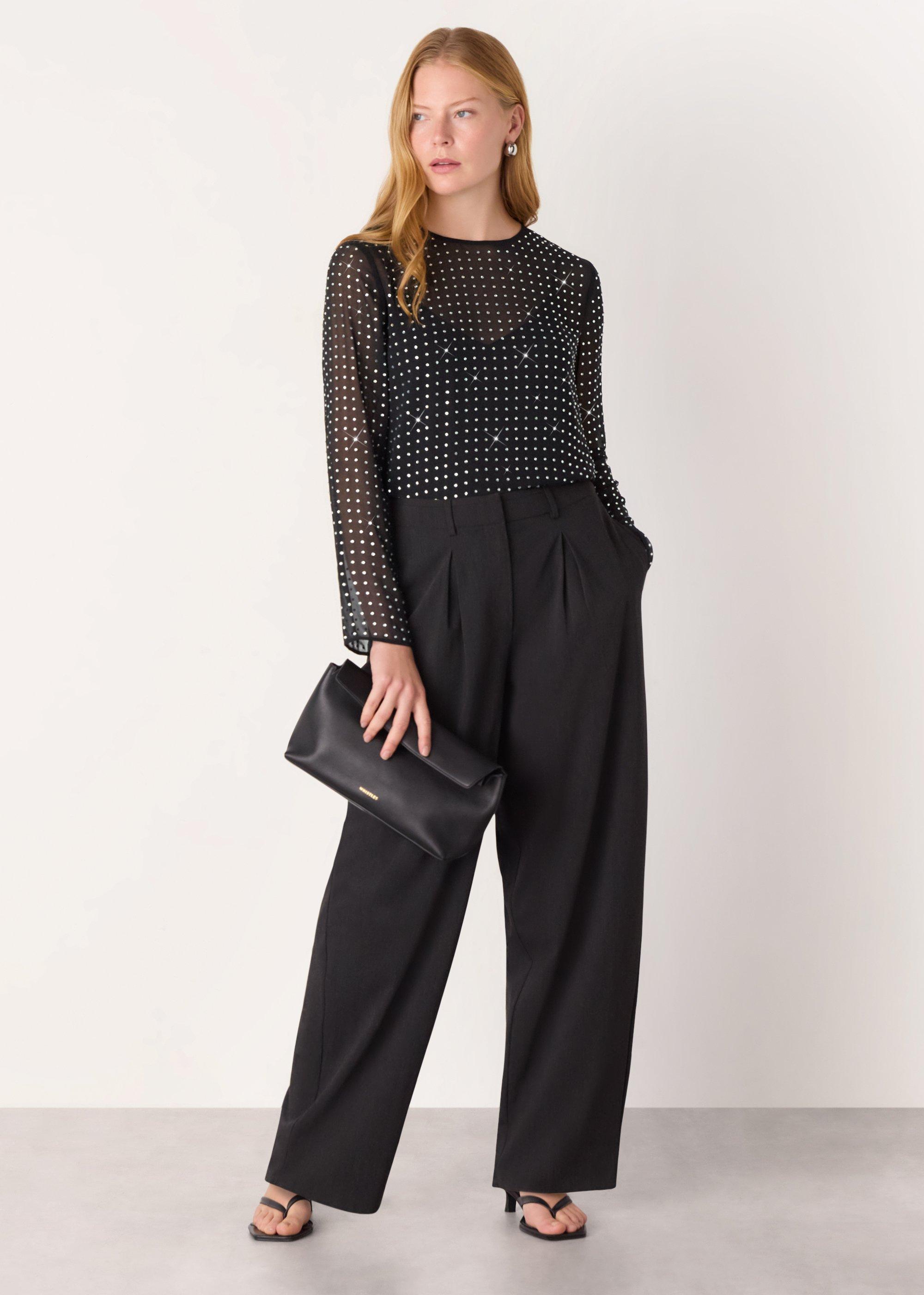 Black Hot Fix Sheer Sleeve Blouse