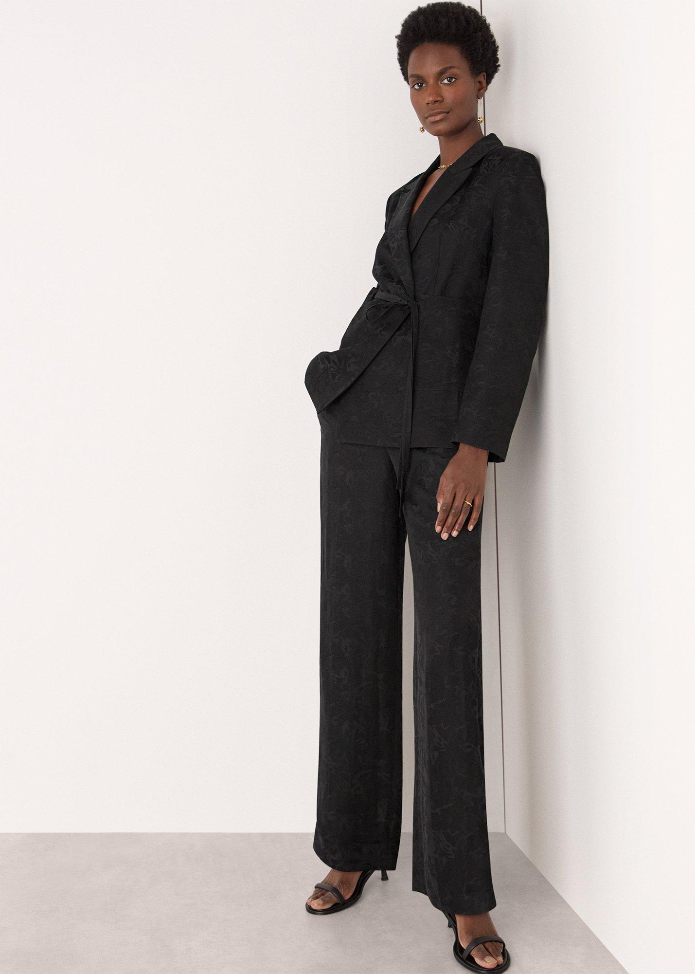 Black Jacquard Tie Waist Blazer