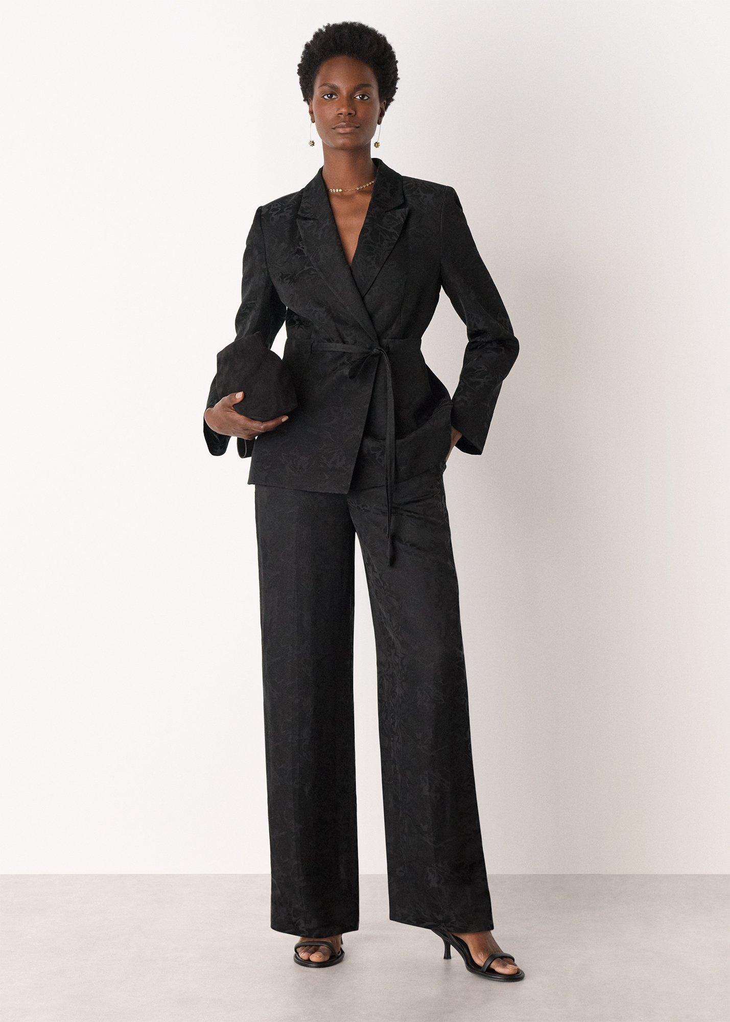 Black Jacquard Tie Waist Blazer