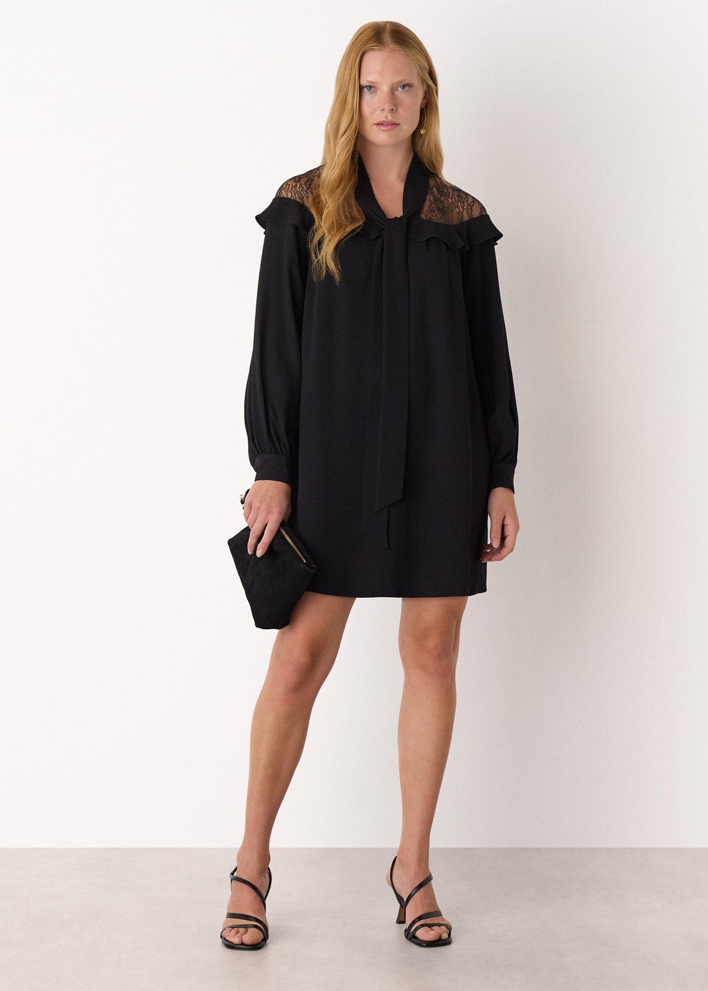 Black Lace Detail Crepe Mini Dress