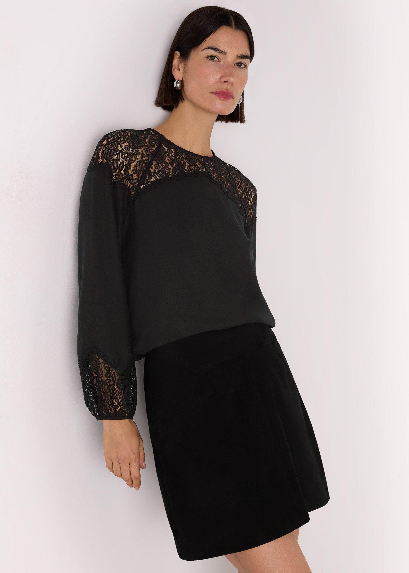 Black Lace Detail Satin Blouse