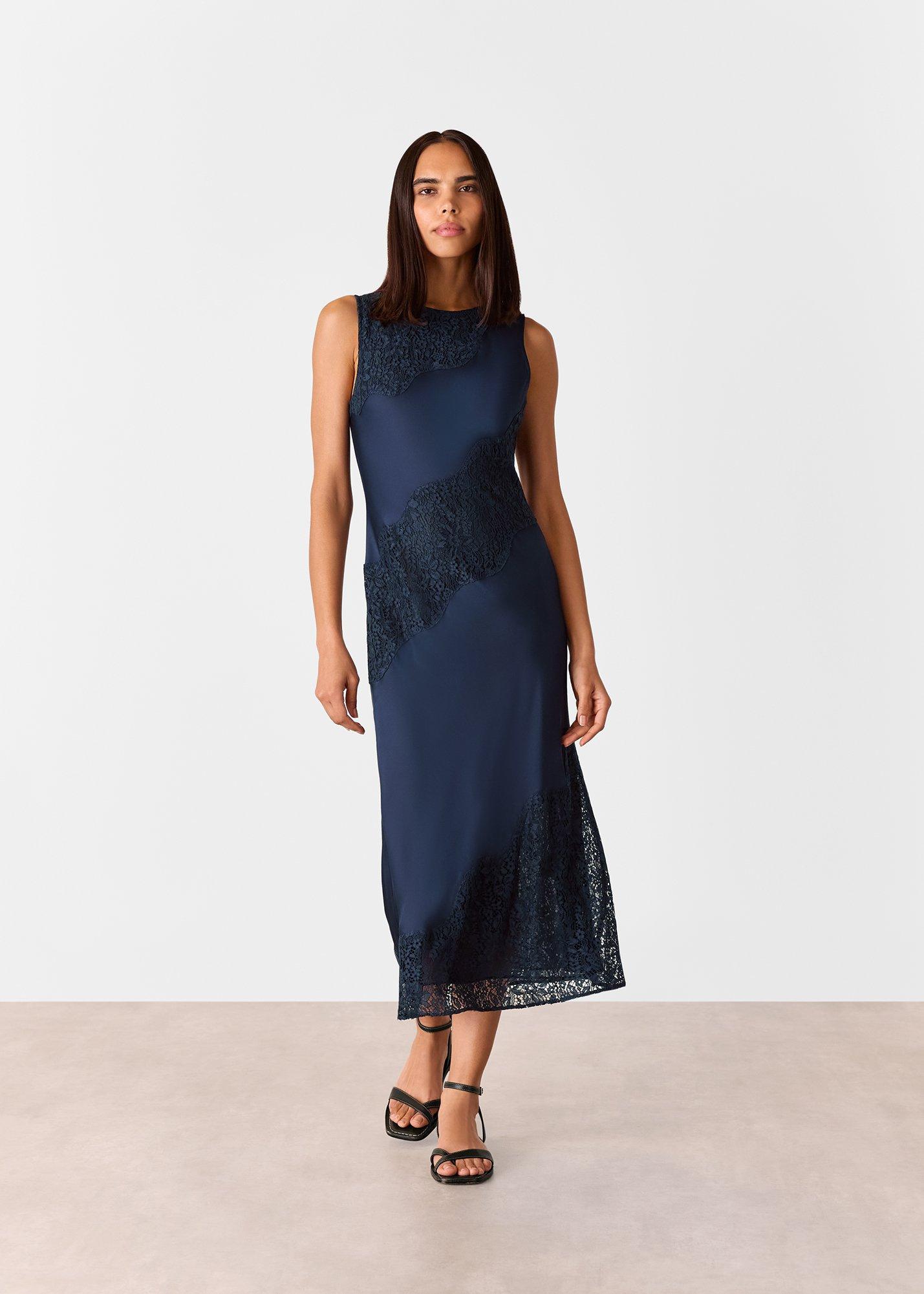 Navy Lace Insert Midi Dress