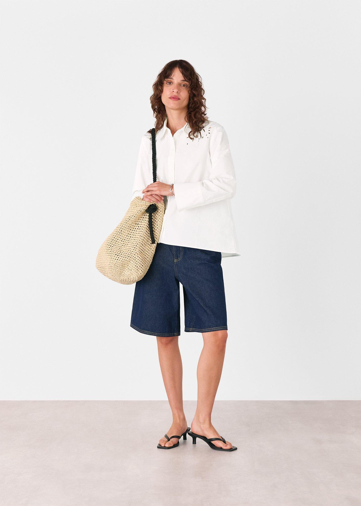 White Leaf Embroidered Cotton Shirt