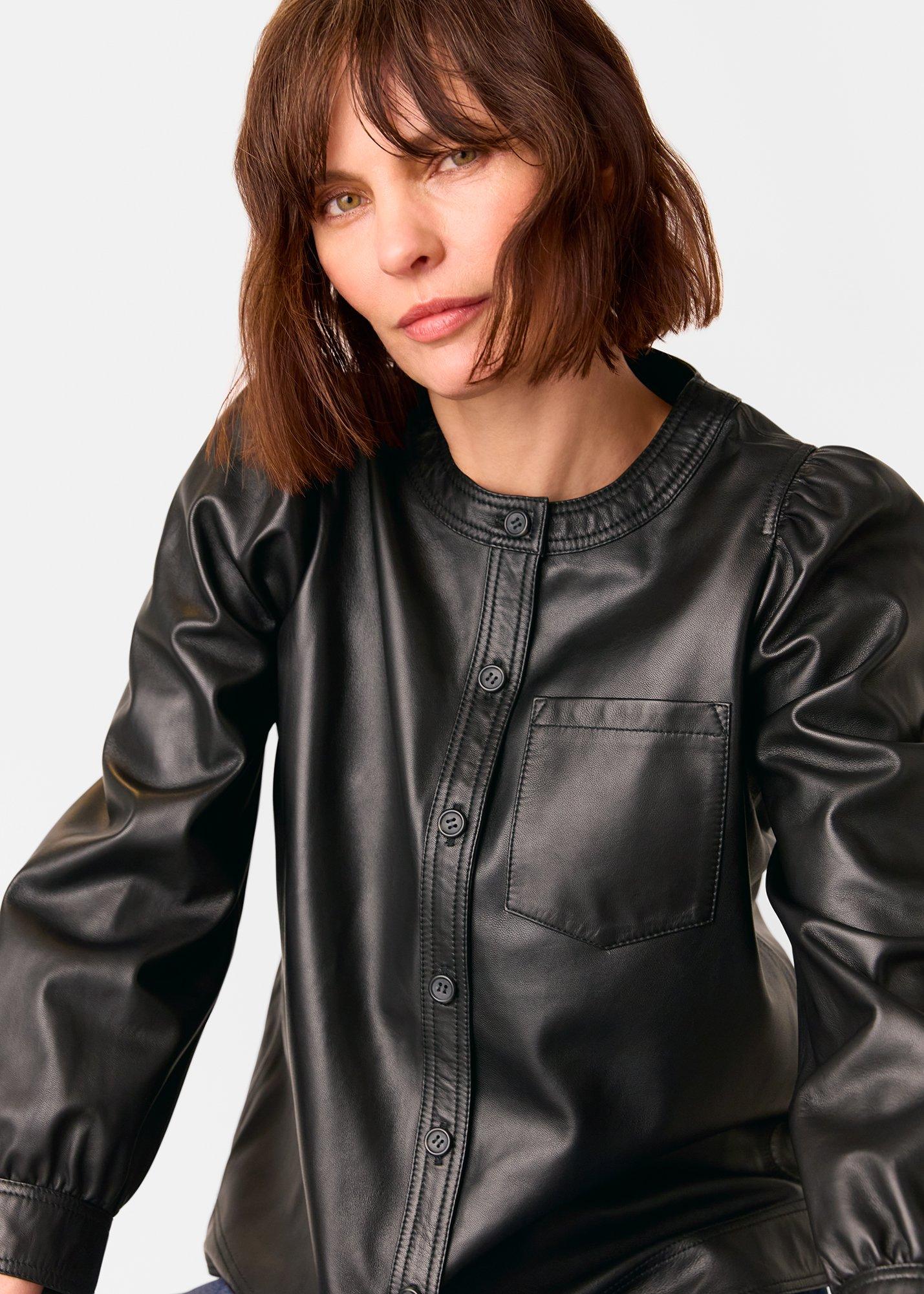 Black Leather Gathered Sleeve Shirt