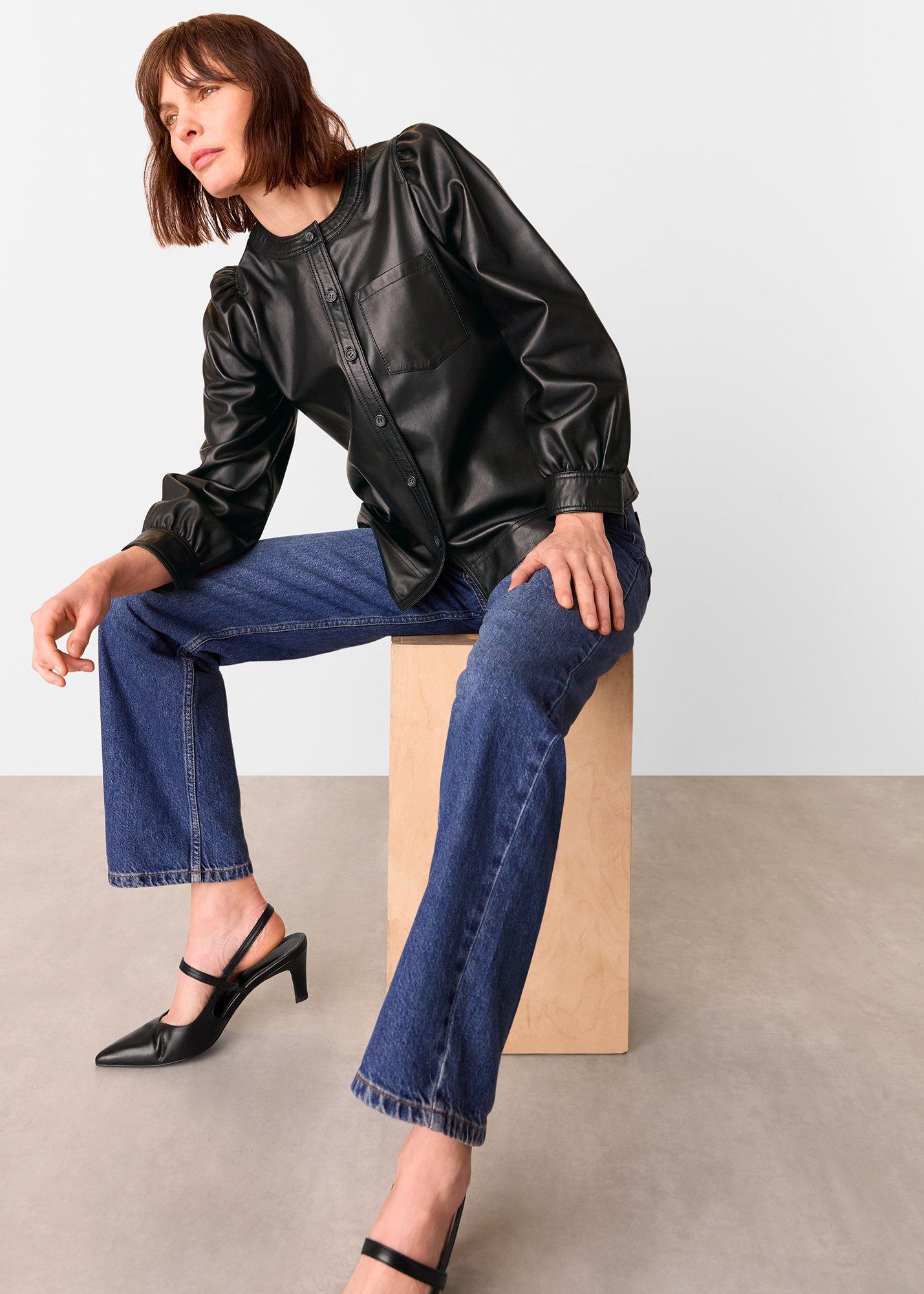 Black Leather Gathered Sleeve Shirt