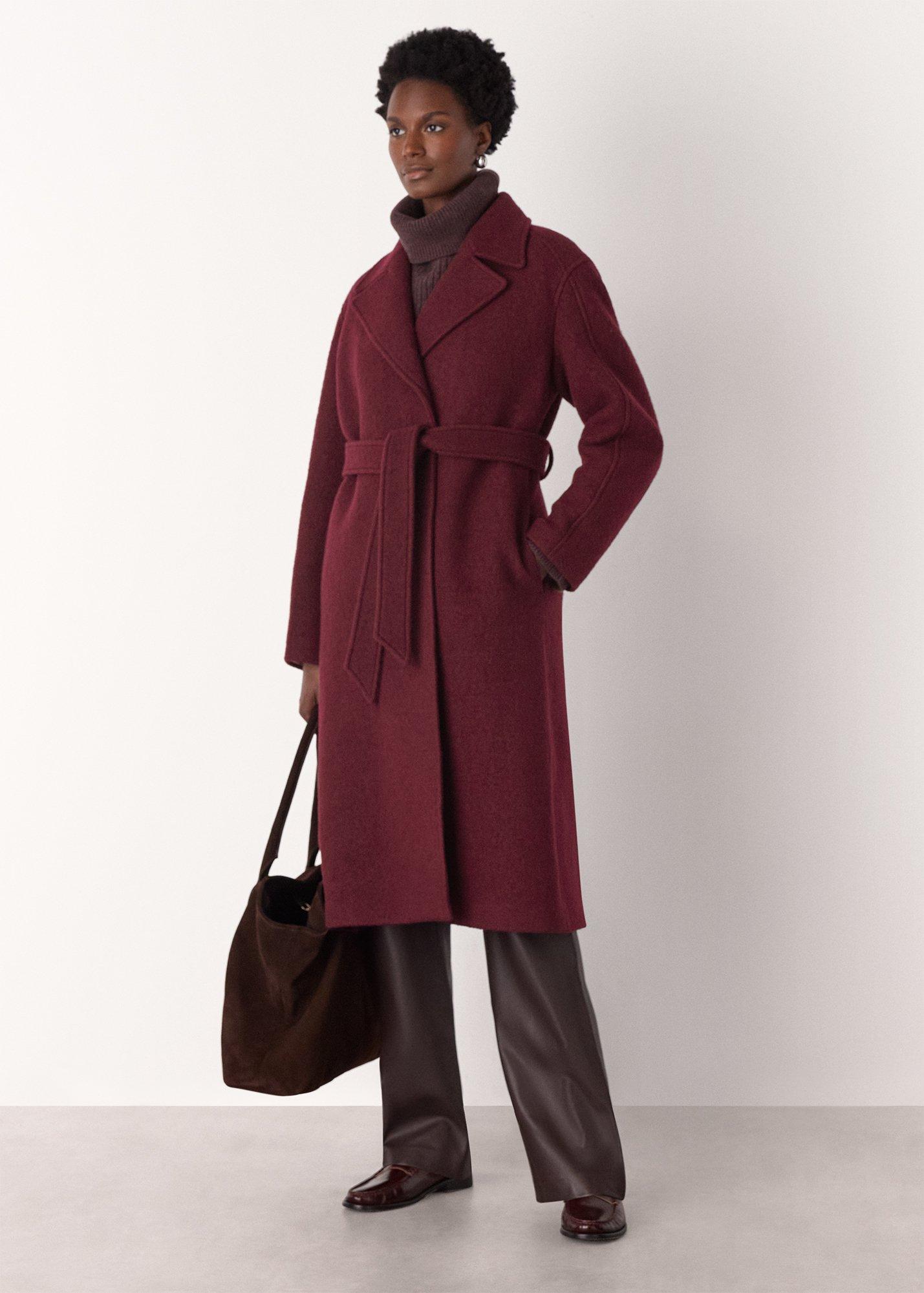 Burgundy Long Belted Wool Coat