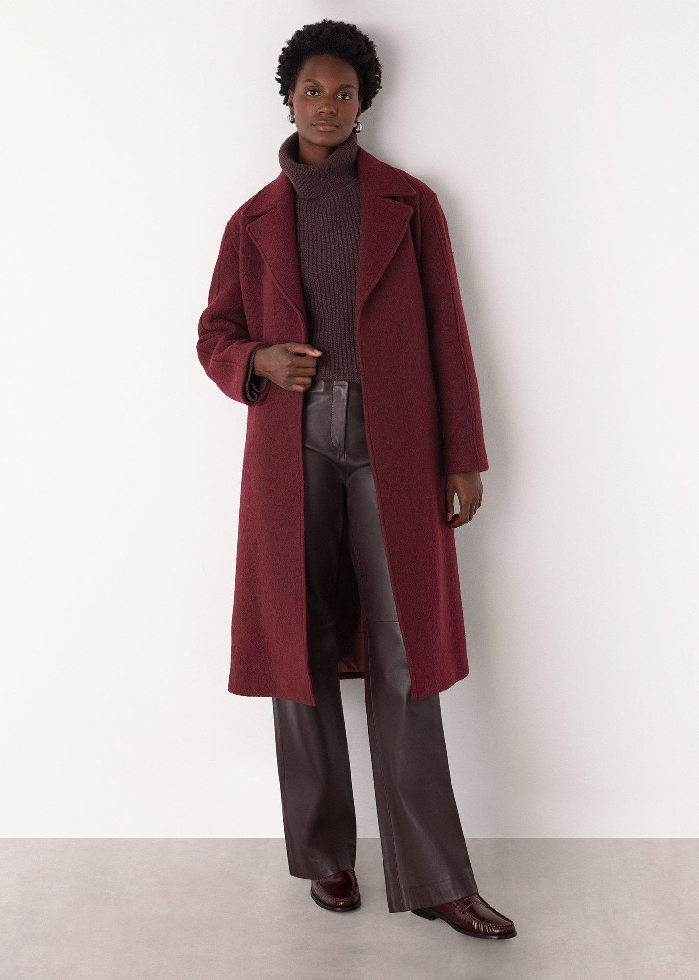 Burgundy Long Belted Wool Coat