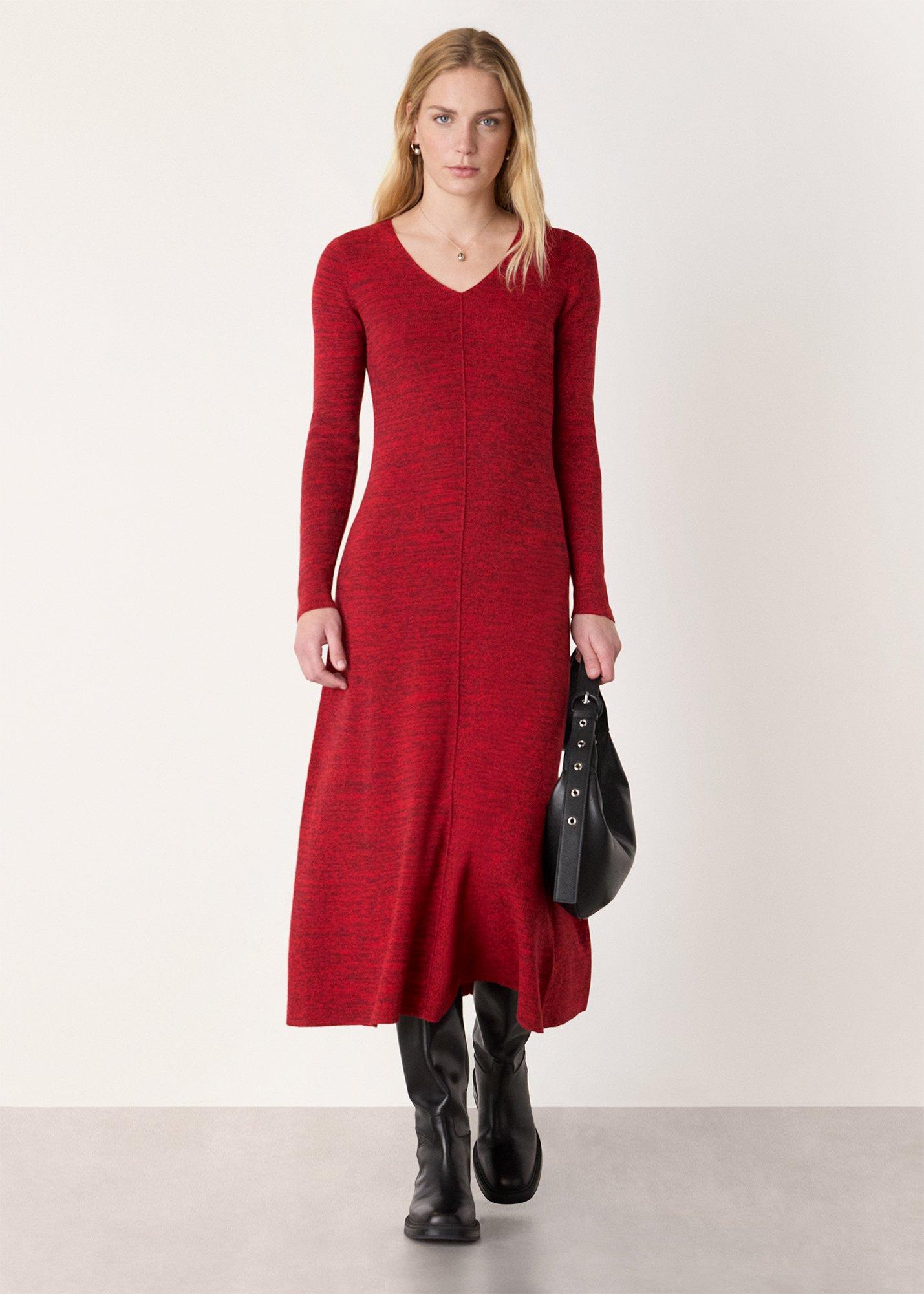 Red Melange Ribbed Midi Knit Dress