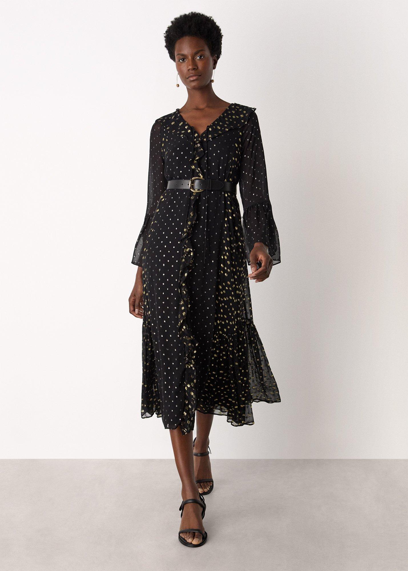 Black Metallic Dobby Ruffle Dress