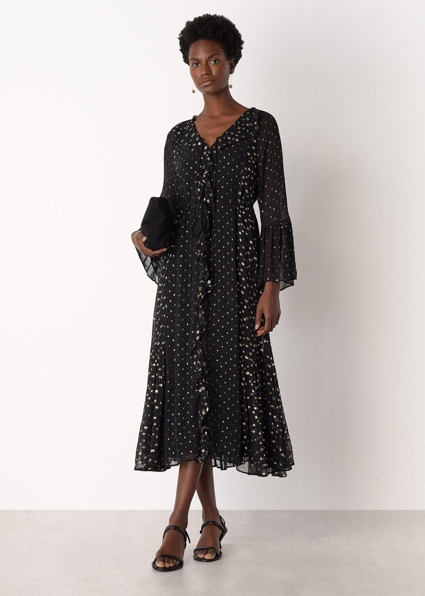 Black Metallic Dobby Ruffle Dress