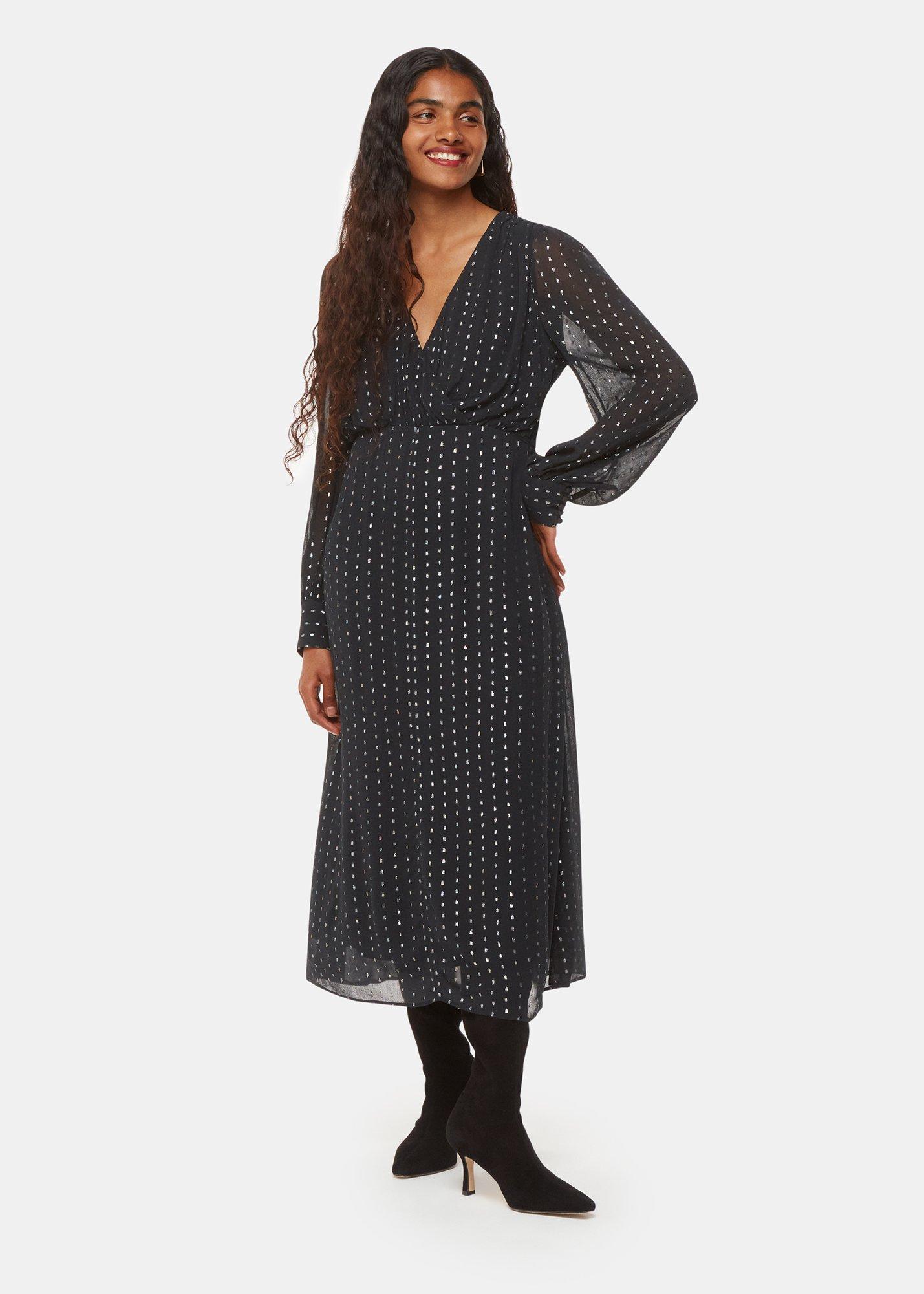 Black Petite Metallic Stripe Midi Dress