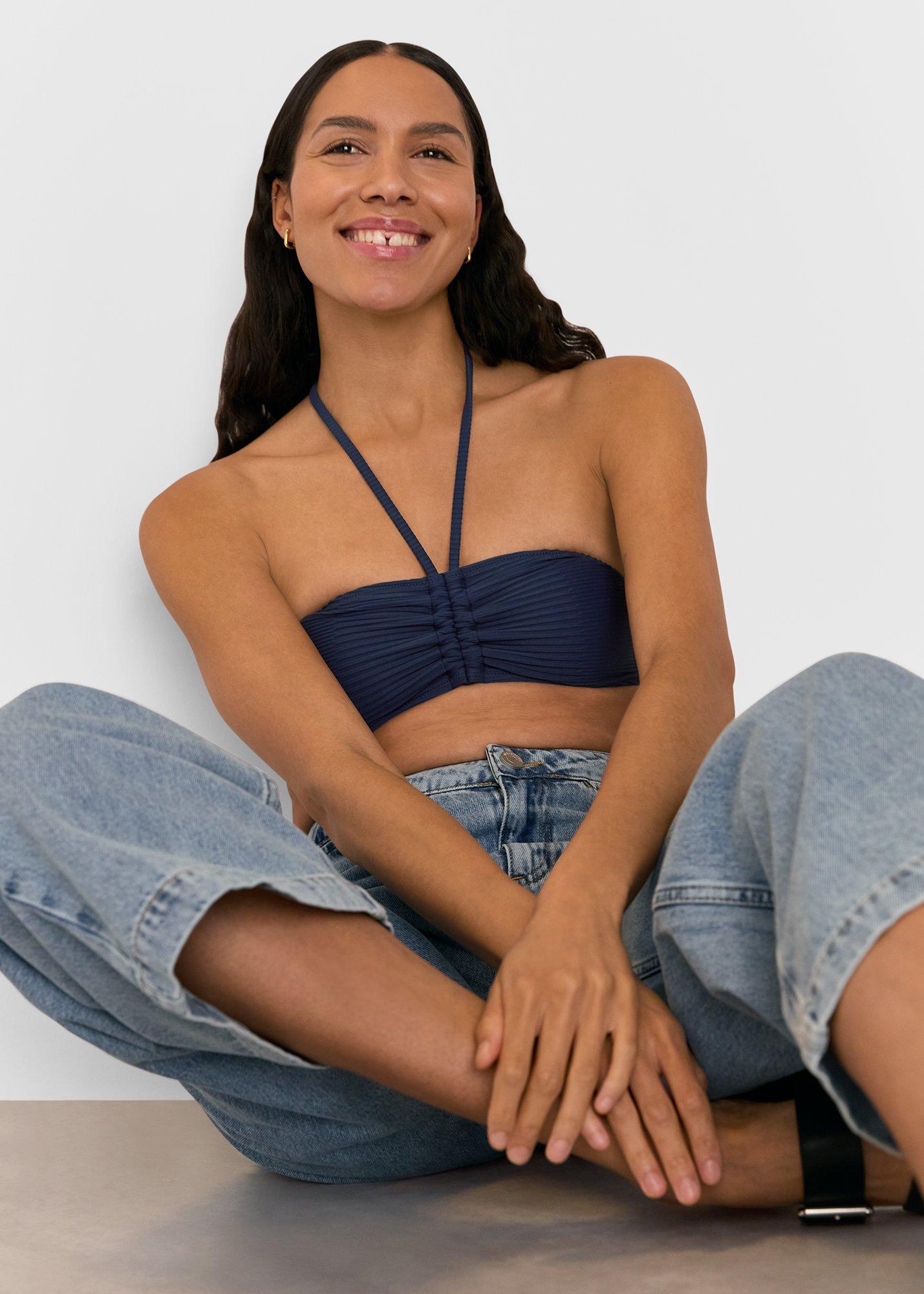 Navy Mixed Rib Halter Bikini Top