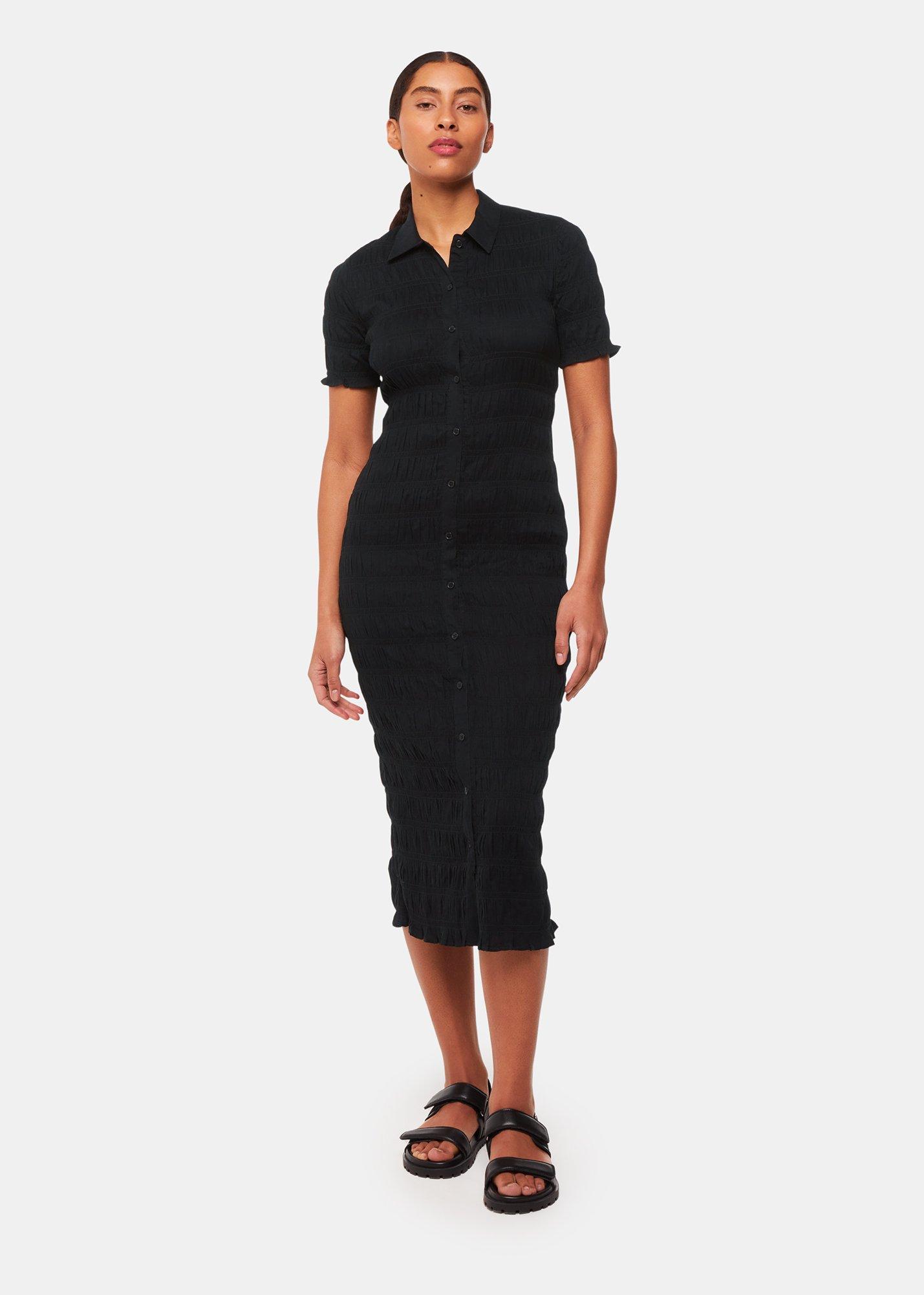 Black Monique Shirred Midi Dress