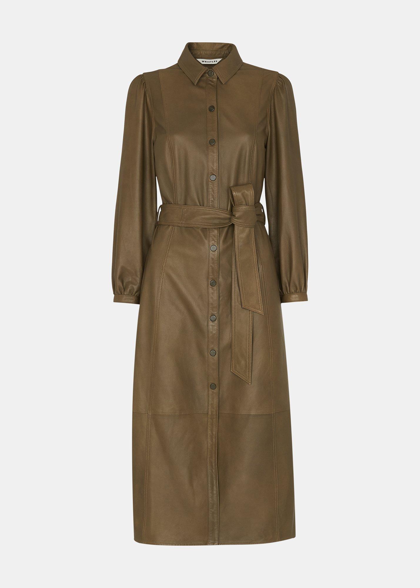 Phoebe Leather Shirt Dress Khaki