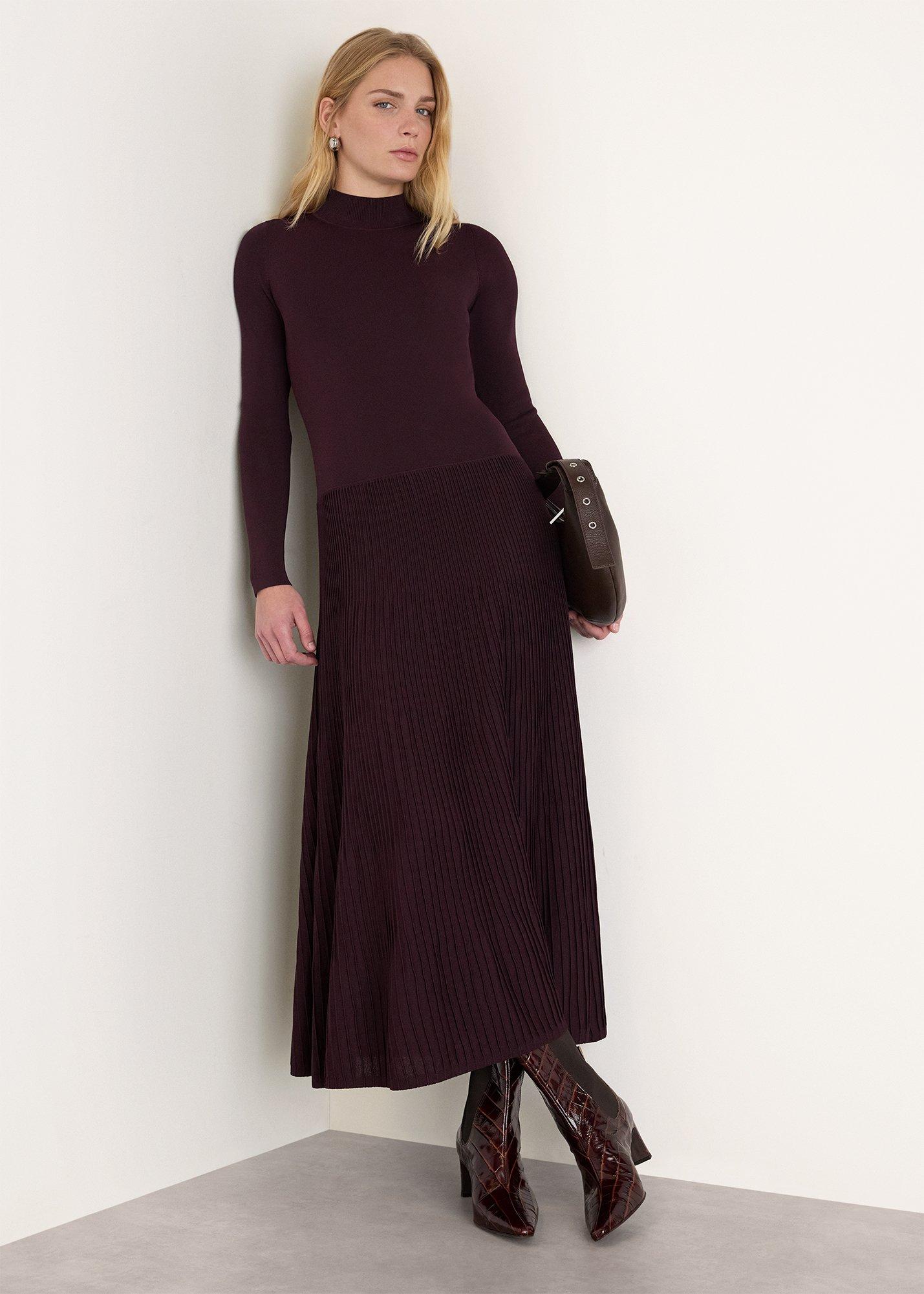 Plum Petite Funnel Neck Pleated Knit Dress