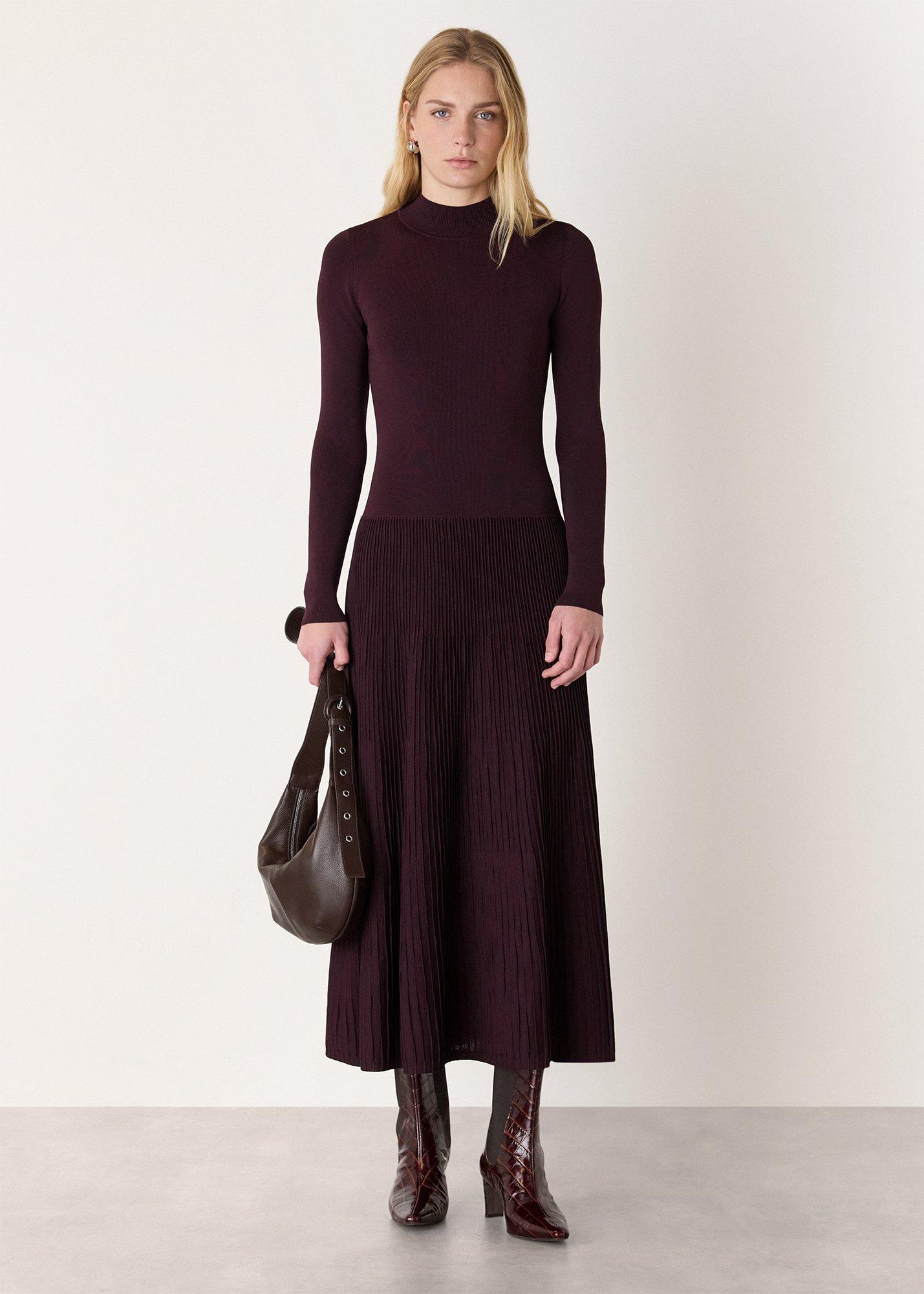 Plum Petite Funnel Neck Pleated Knit Dress