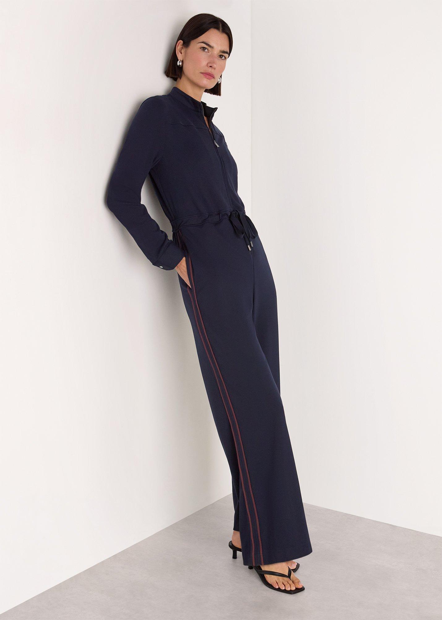 Navy Ponte Side Stripe Jumpsuit
