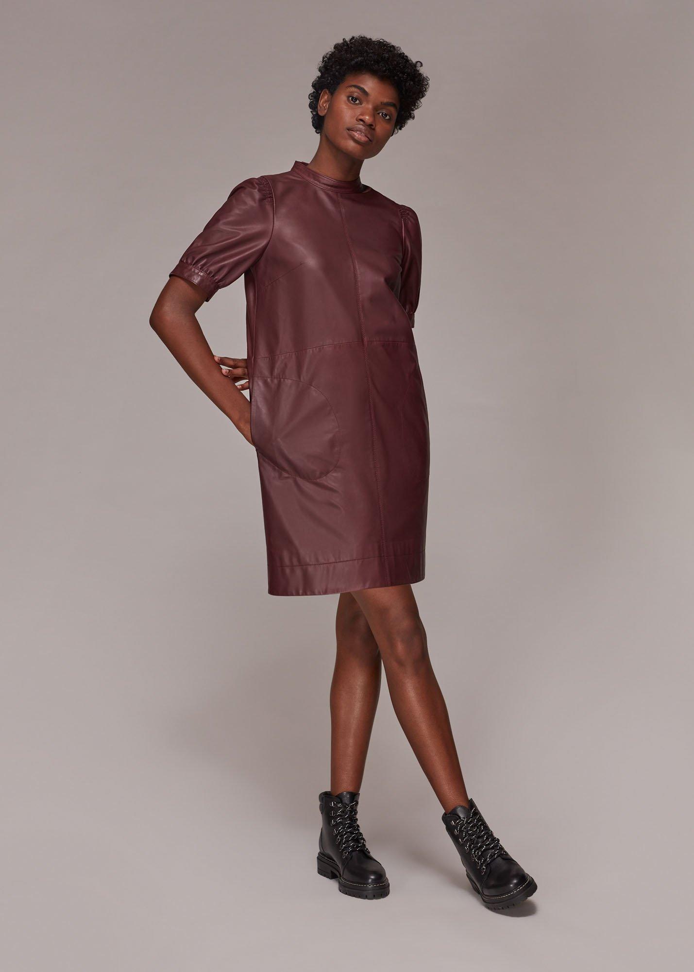 Burgundy Puff Sleeve Leather Dress