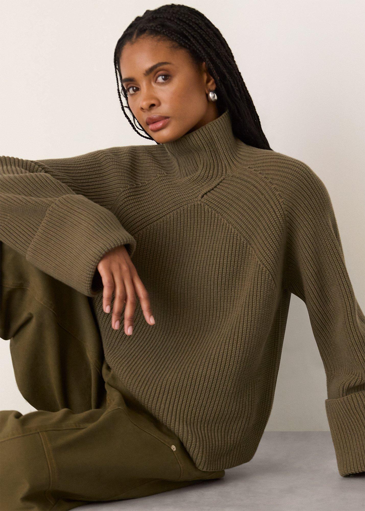 Khaki Rib Cable High Neck Jumper