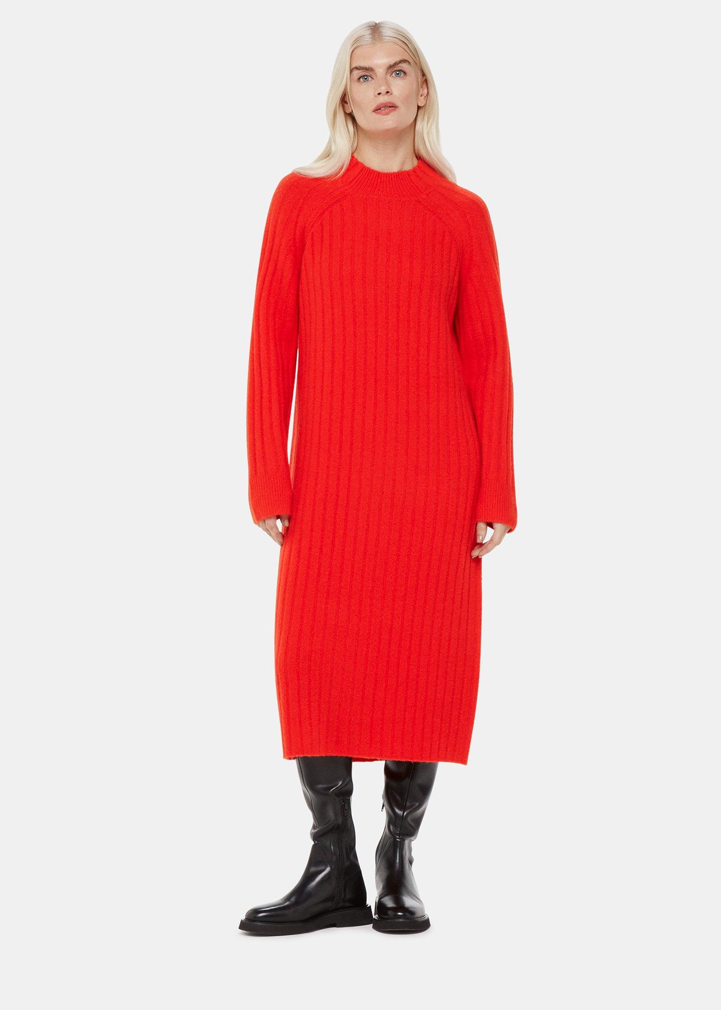 Red Ribbed Knitted Midi Sweater Dress
